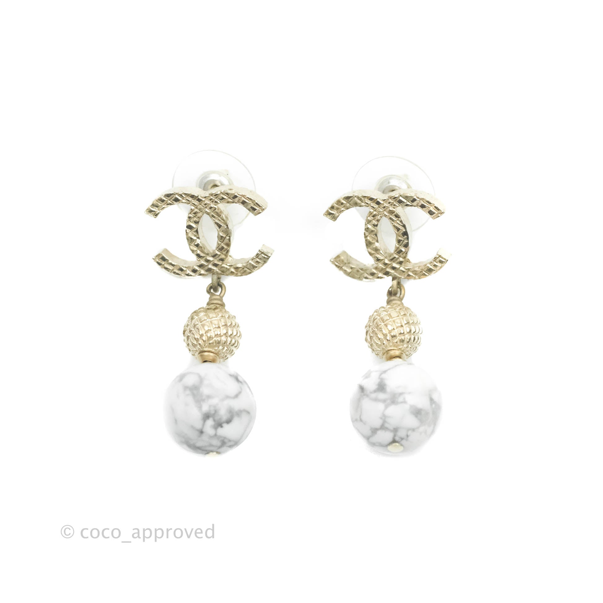 Chanel CC Drop Marble Earrings in Gold Tone - 16A Collection | Luxury Fashion Jewelry for Women | Perfect for Parties, Weddings & Special Occasions