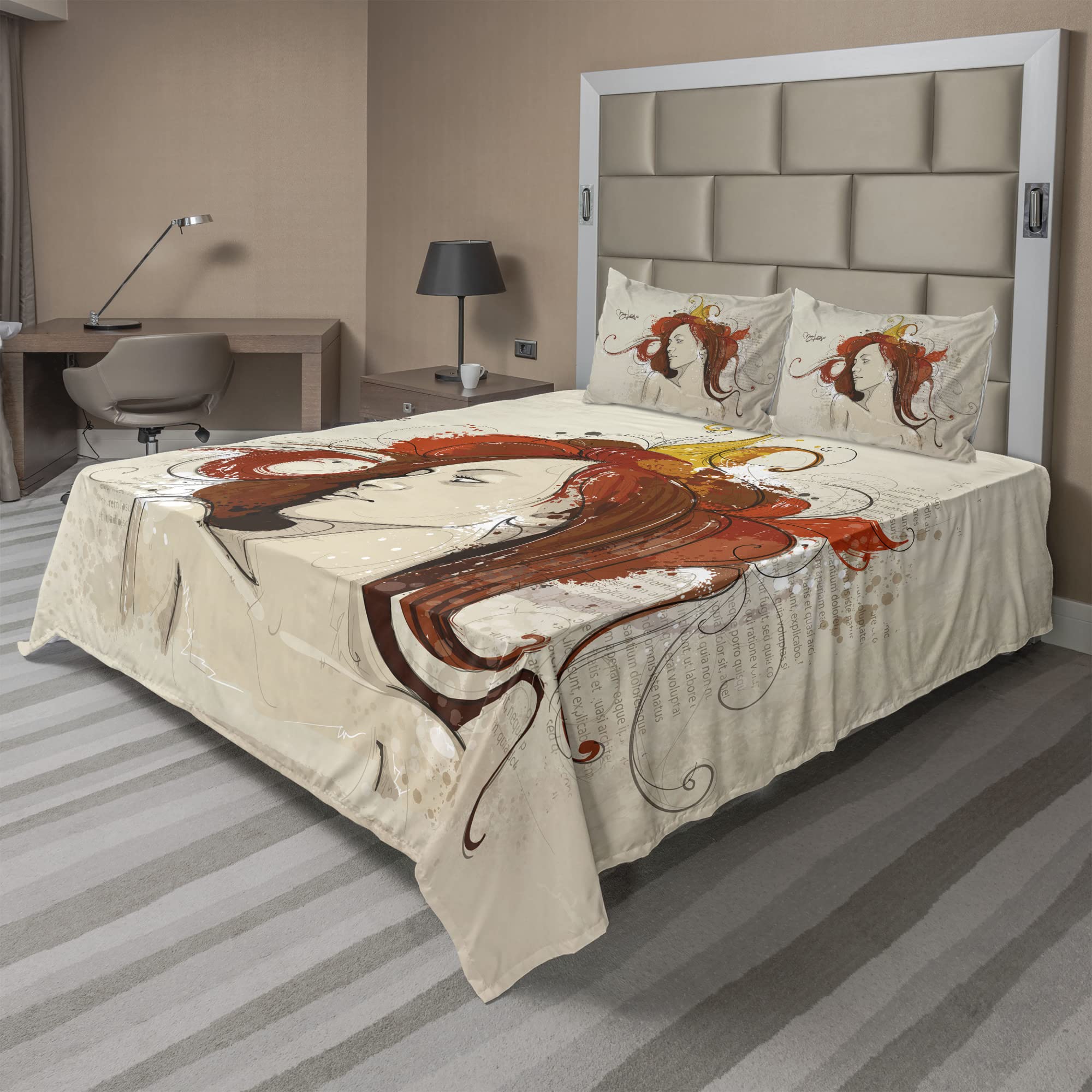 Ambesonne Modern 4-Piece King Sheet Set - Grunge Style Woman Portrait with Swirls Contemporary Illustration, Dark Orange & Beige Bedding (Fitted Sheet, Flat Sheet, 2 Pillowcases) - Perfect for Bohemian & Vintage Themed Bedrooms