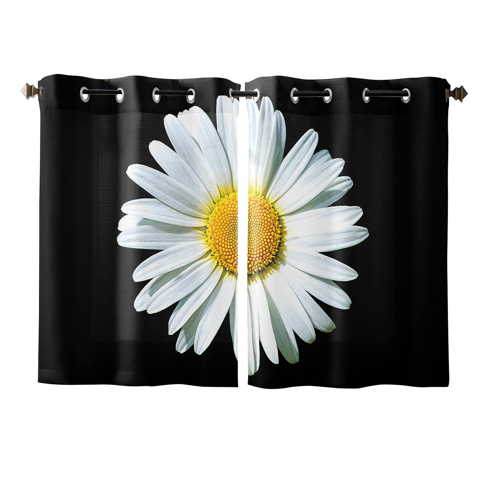 White Daisy Black Background Sheer Curtains - 2 Panels, 72 Inch Length, Grommet Top Window Treatments for Kitchen, Living Room, Bedroom & Patio - Light Filtering Tier Curtains for Sliding Glass Doors & Windows (Home Decor, Privacy & Sun Protection)