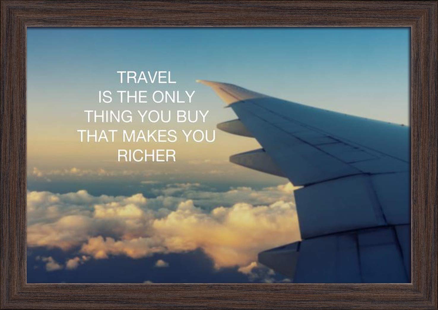 Travel Makes You Richer - Inspirational Airplane & Clouds Art Print (18x12 Giclee, Gallery Framed in Espresso Wood) - Perfect for Home Office Decor, Living Room Wall Art & Travel Enthusiast Gifts