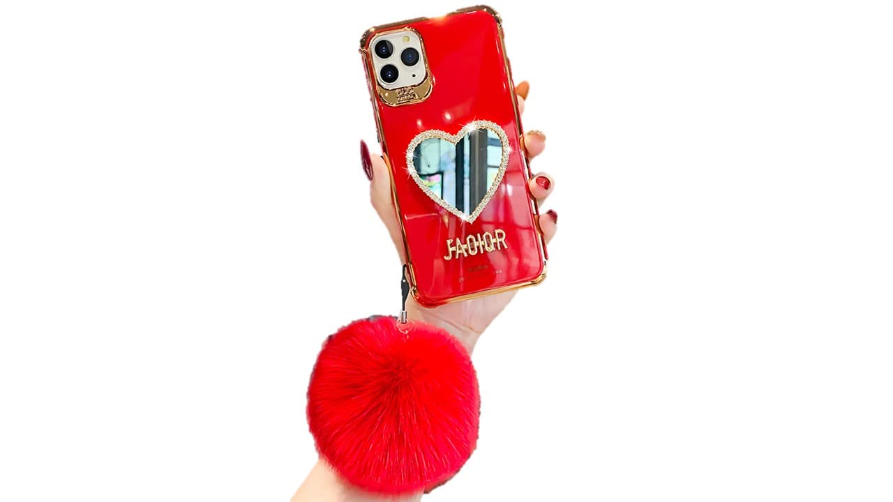 Luxury Bling Heart Shaped Mirror Phone Case for iPhone 13 Pro Max - Elegant Hair Ball Accessory & Makeup Mirror (Imperial Red) | Perfect for Makeup Touch-ups, Selfies & Glamorous Nights Out