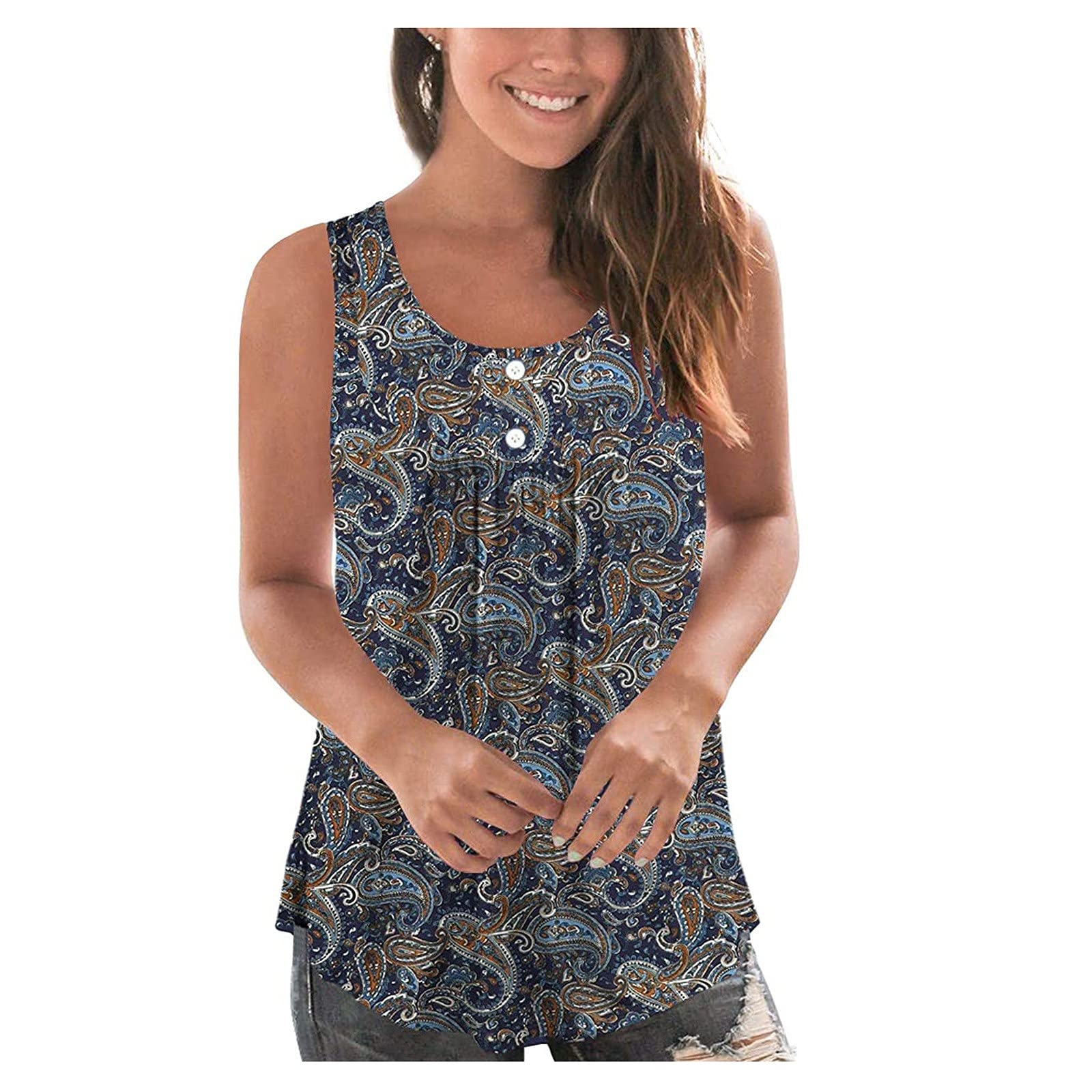 Women's Printed Button Vest Top - Pleated Sleeveless Blouse for Casual Wear | Office, Party & Summer Outfits