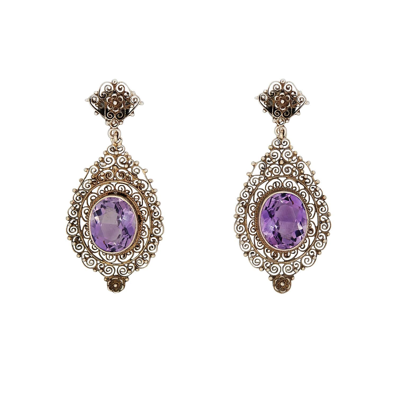 Antique Edwardian Italian Silver Gilt Amethyst Drop Earrings - Vintage Jewelry for Women, Wedding, Party & Special Occasions