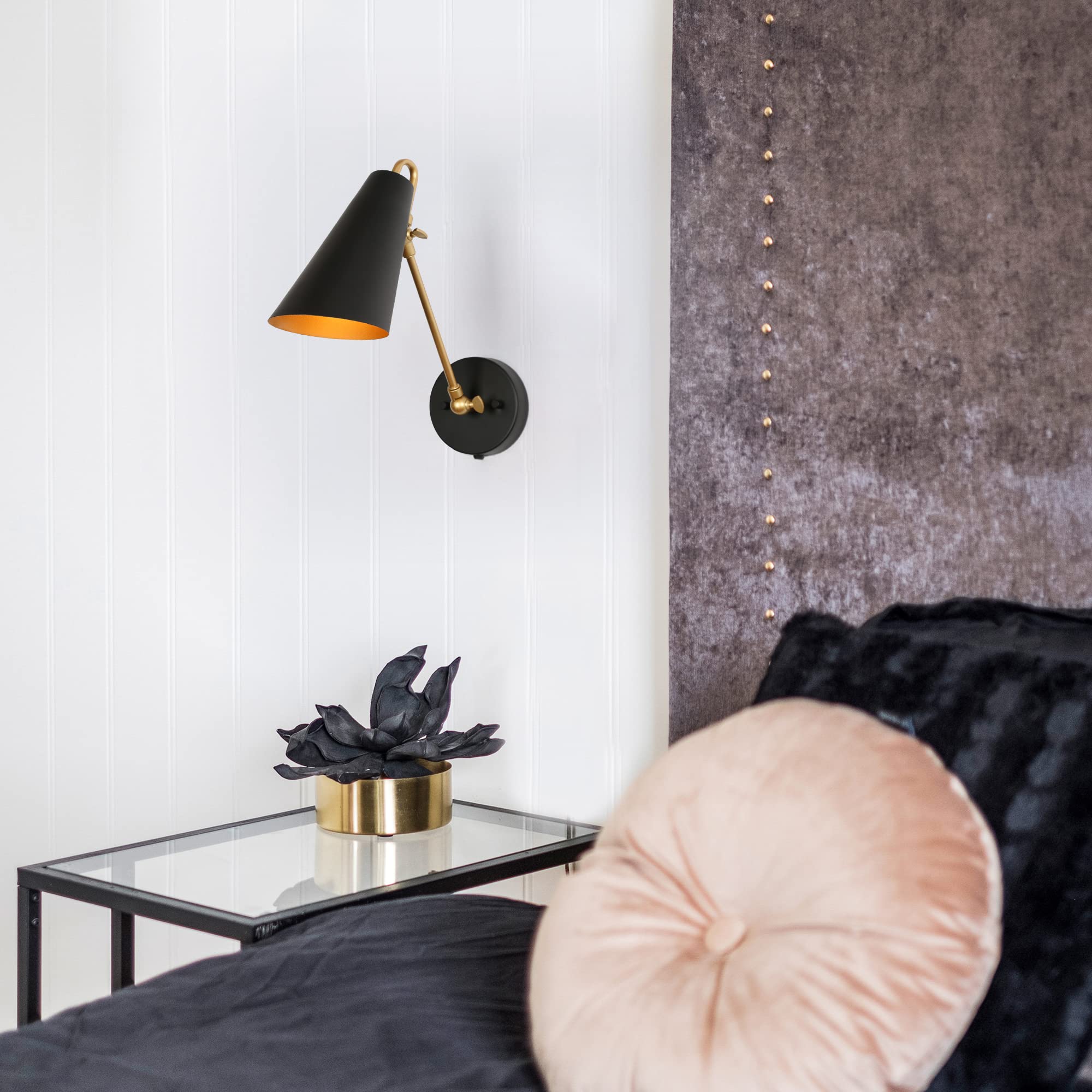 ZEVNI Modern Swing Arm Wall Lamp - Plug-in Wall Sconce with Adjustable Slant-Cut Metal Shade, Black Gold Finish | Perfect for Bedroom, Living Room & Office Lighting