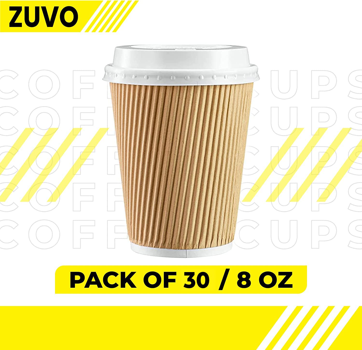30 Pack Insulated Disposable Paper Coffee Cups 8 oz - Kraft Ripple Wall Hot Drink Cups with Lids - Perfect for Coffee Shops, Office Break Rooms & Home Use