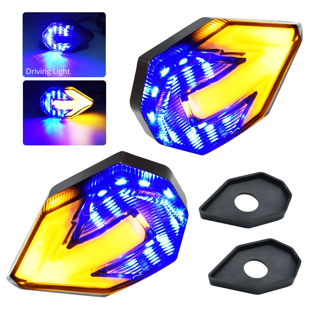 21 SMD LED Motorcycle Turn Signal Lights - Amber Arrow Blinker & Blue DRL Brake Indicator - Waterproof for Yamaha Suzuki Kawasaki Motorbikes (2-Pack, Blue/Amber) - Perfect for Night Riding & Enhanced Safety Visibility