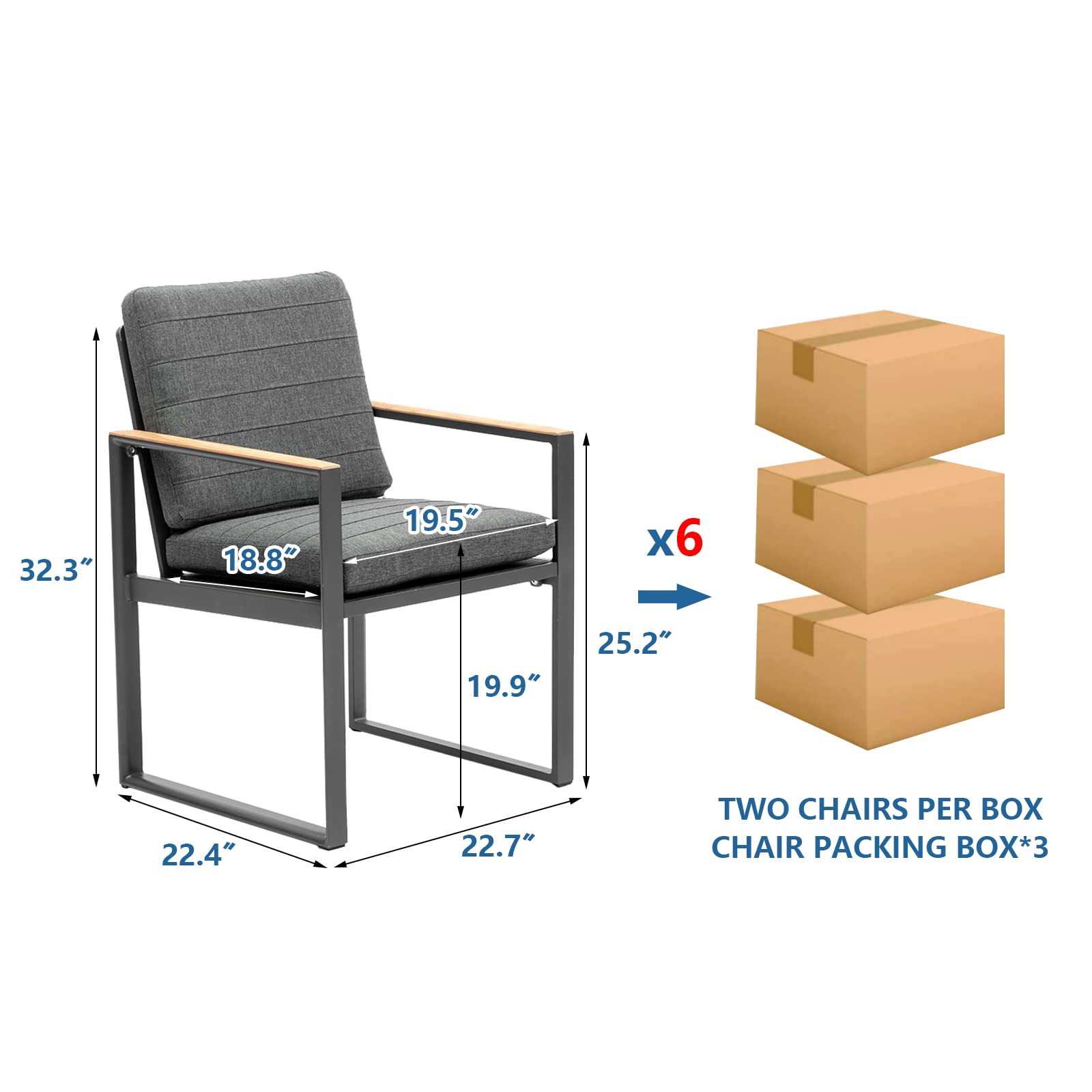 Premium Outdoor Dining Chair Set of 6 - Weather-Resistant Aluminum Patio Chairs with Teak Armrests & Cushions - Grey Garden Furniture for Backyard, Poolside & Restaurant Outdoor Seating