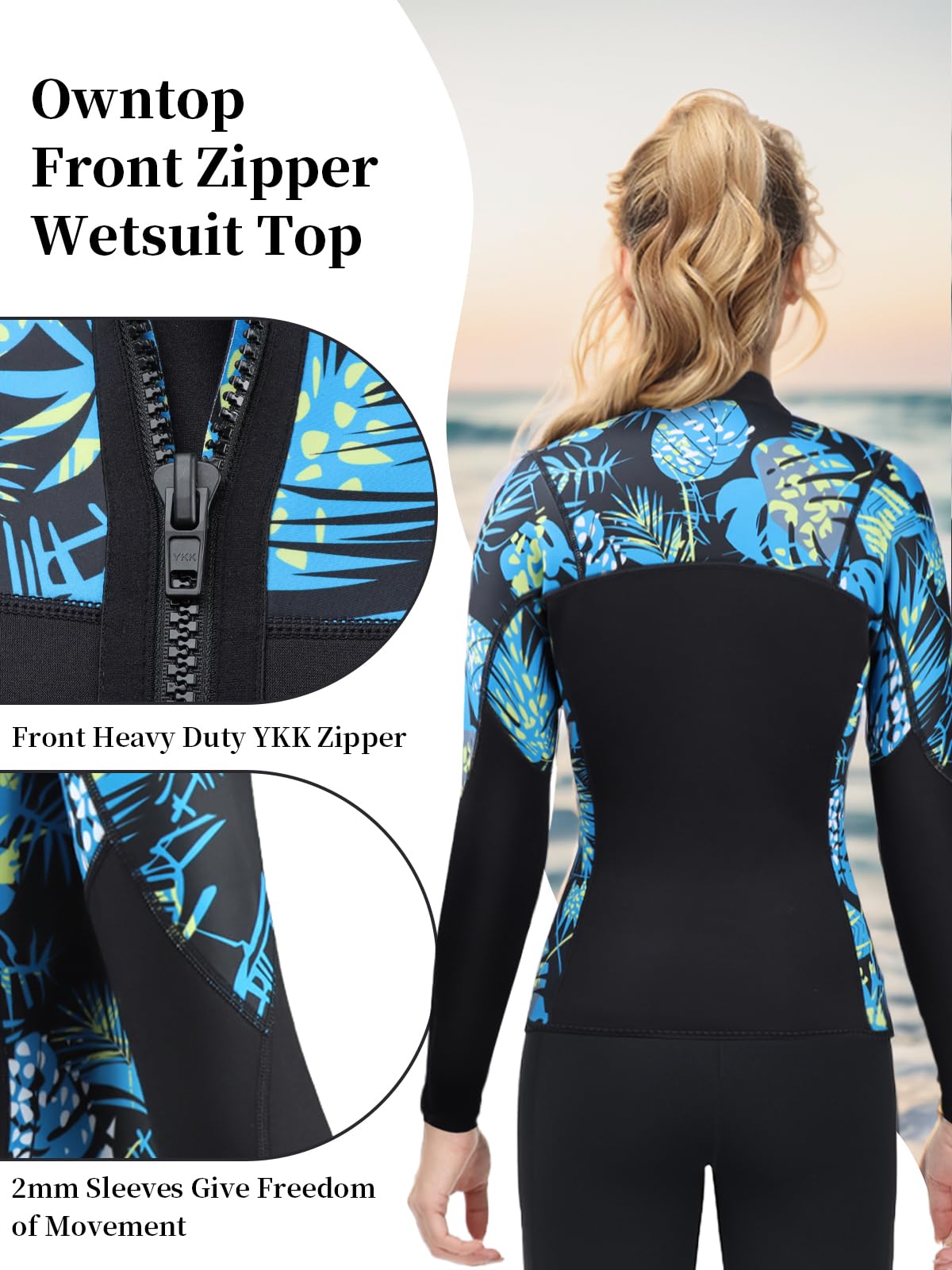 Owntop 2MM Neoprene Wetsuit Top for Women & Men - Long Sleeve Front Zipper Swimwear for Swimming, Diving, Surfing & Water Sports | Flexible Comfort Fit | Perfect for Beach Activities, Snorkeling & Cold Water Protection
