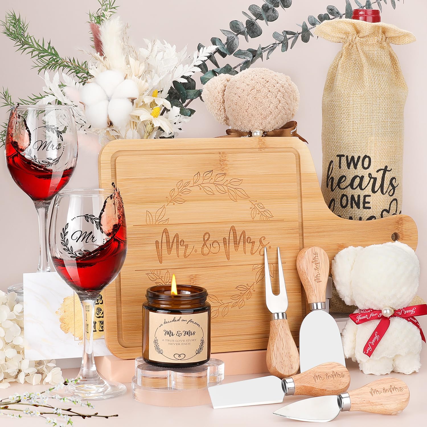 2025 Wedding Gifts for Couples - Elegant Bamboo Serving Board & Candle Basket Set for Bride, Groom & Newlyweds | Unique Mr & Mrs Present for Anniversary, Housewarming & Romantic Dinners