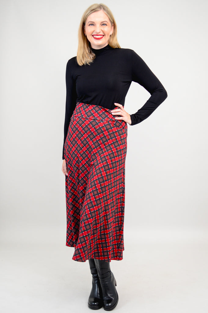 Gillian Skirt - Stylish Cherry Plaid Bamboo Midi Skirt for Women | Perfect for Casual Outings, Office Wear & Summer Fashion