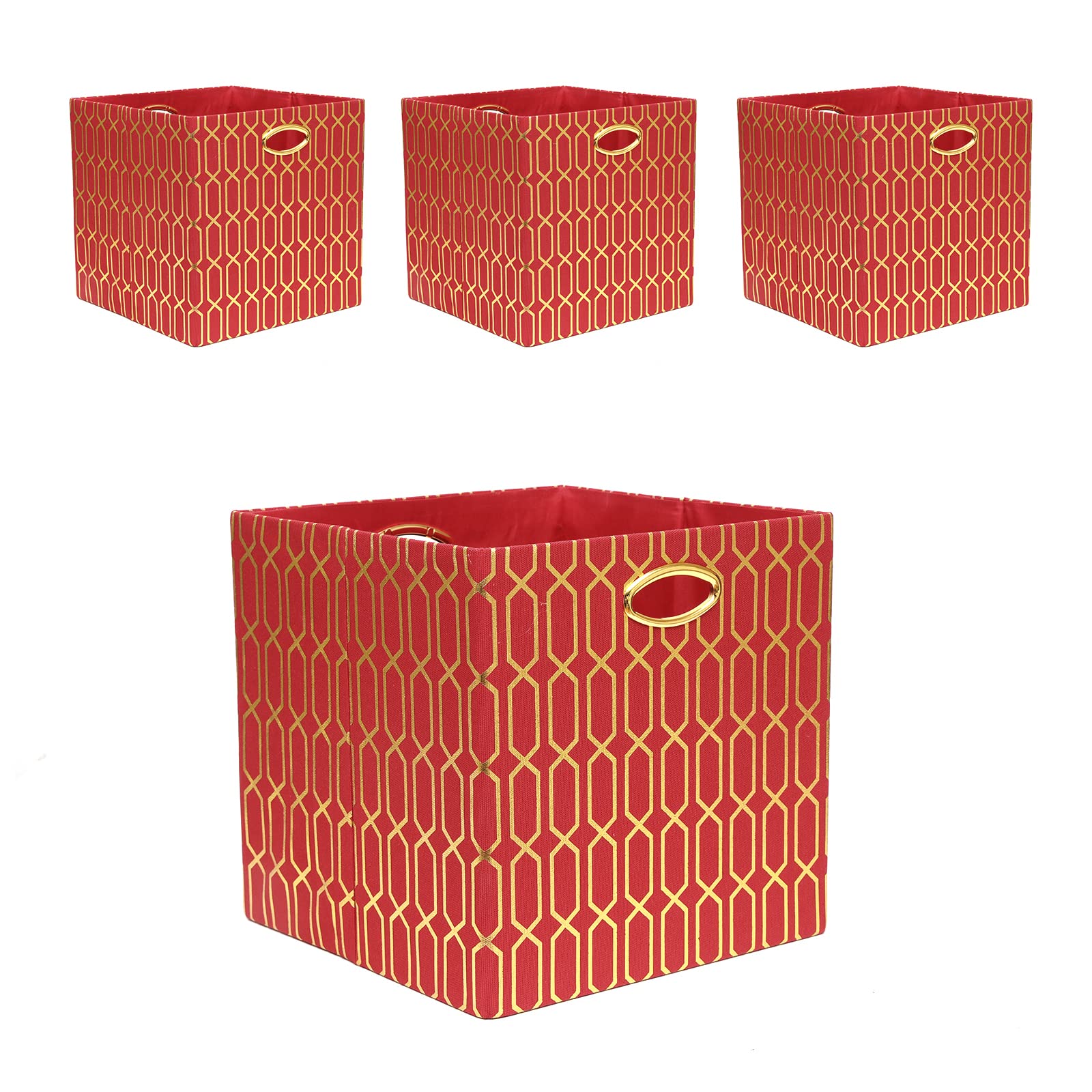 Fboxac 13x13 Inch Cube Storage Bins - Set of 4 Foldable Fabric Organizer Baskets with Handles, Large Capacity Closet & Shelf Organizers for Home, Office, Kids Room - Red & Gold (Perfect for Thanksgiving & Christmas Decor)