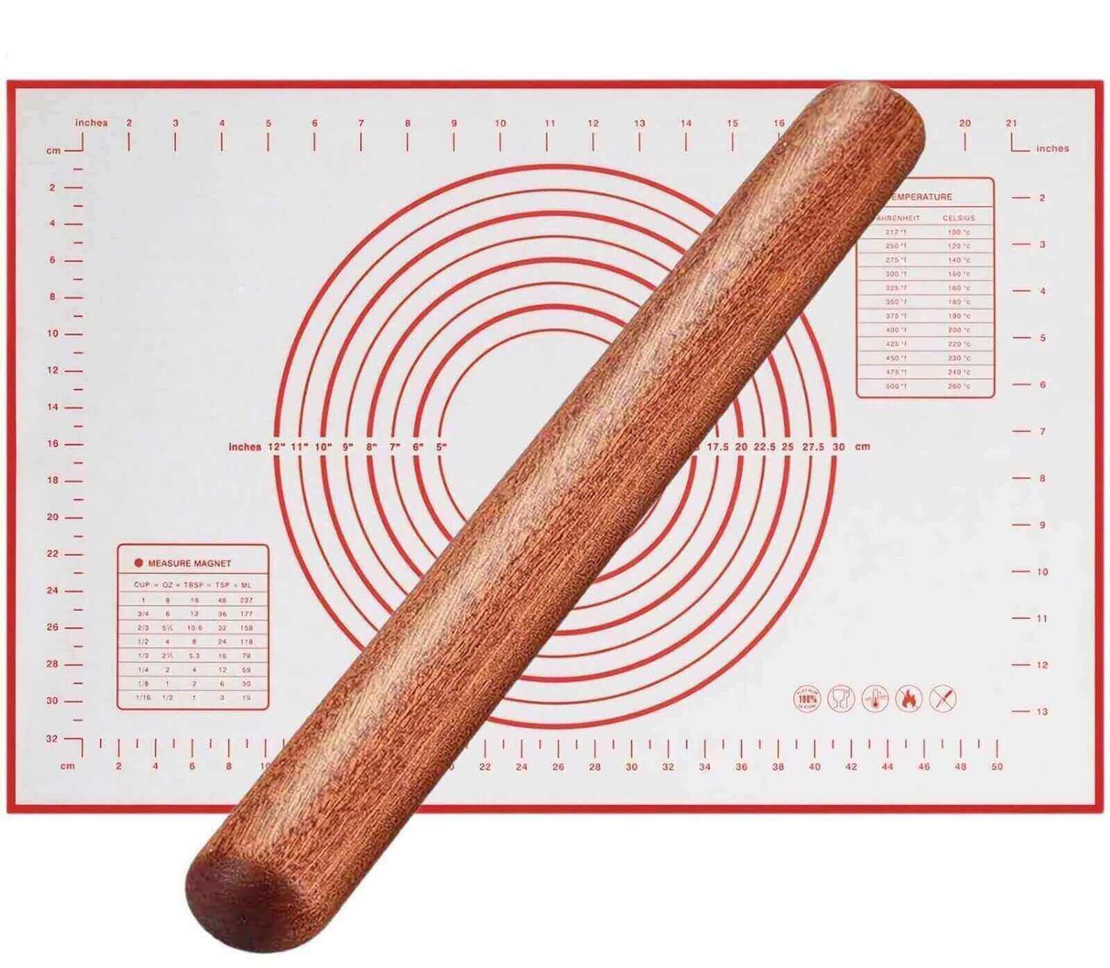 Wooden Rolling Pin & Non-Stick Silicone Baking Mat Set - Premium French Pastry Roller & Dough Mat for Bread, Cookies, Tortillas, Pasta, Pizza - Perfect for Home Baking, Kitchen Essentials & Holiday Cooking Gifts
