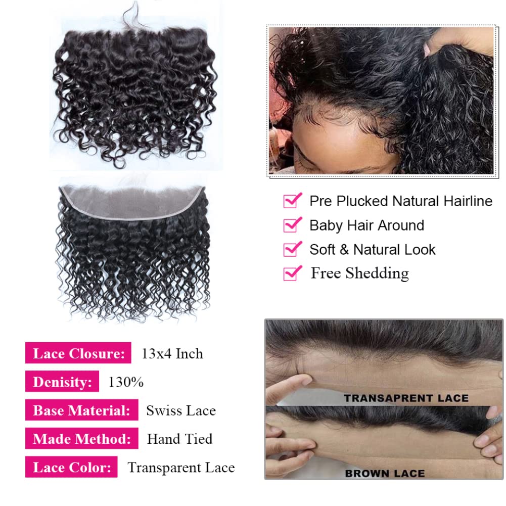 Brazilian Virgin Hair 4-Piece Water Wave Bundles with 20 Inch Lace Frontal Closure - 100% Unprocessed Human Hair Weave for Black Women (22