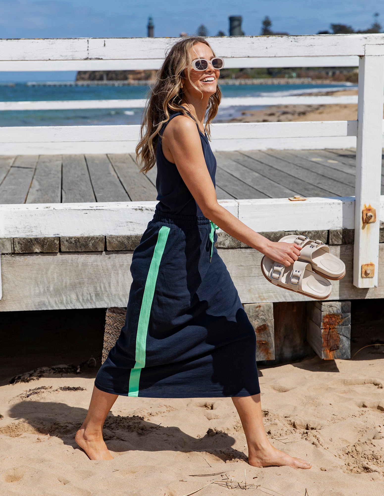 Elm Brunch Skirt for Women - Navy Blue with Neon Green Tape Trim - Casual Summer Skirt for Brunch, Beach, and Outdoor Activities