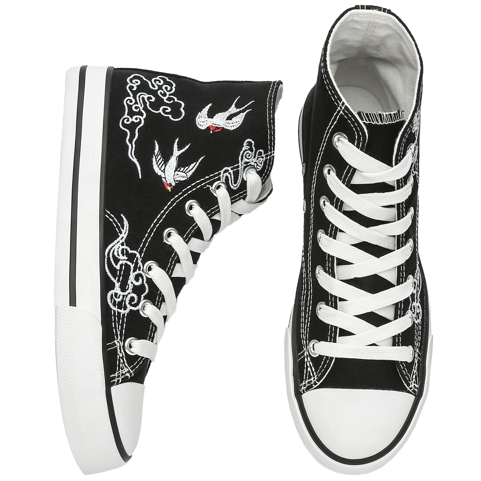 Kufeiti Women's High Top Canvas Sneakers - Lace Up White & Black Casual Walking Shoes for Women | Comfortable Streetwear & Fashion Sneakers for Daily Wear, Gym, and Outdoor Activities