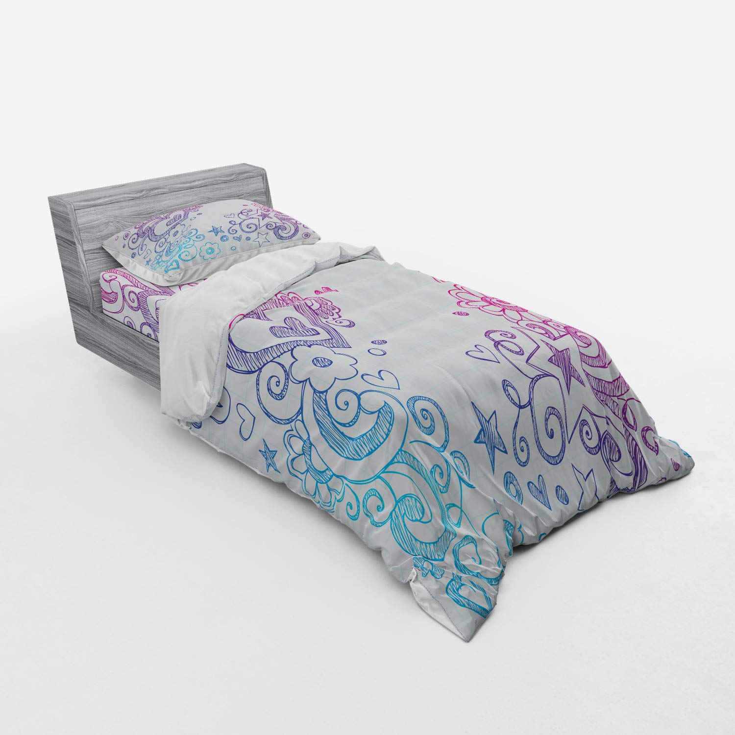 Ambesonne Love Duvet Cover Set - Valentine's Day Themed Swirled Sketch on Checkered Notebook Design, 3-Piece Bedding Set with Sham & Fitted Sheet, Twin XL Size, Pink Purple Blue | Perfect for Romantic Bedrooms, Couples' Gift & Valentine's Decor