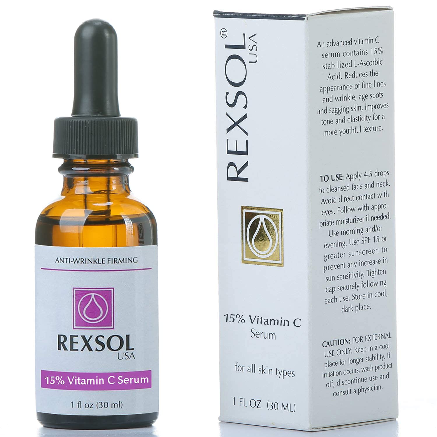 REXSOL 15% Vitamin C Serum for Face - Anti-Aging, Wrinkle Reduction & Skin Firming with Hyaluronic Acid, Chamomile & Grape Seed Extract | Brightening Antioxidant Treatment for Fine Lines & Youthful Glow | 30ml/1oz | Perfect for Morning Skincare Routine & Post-Sun Care