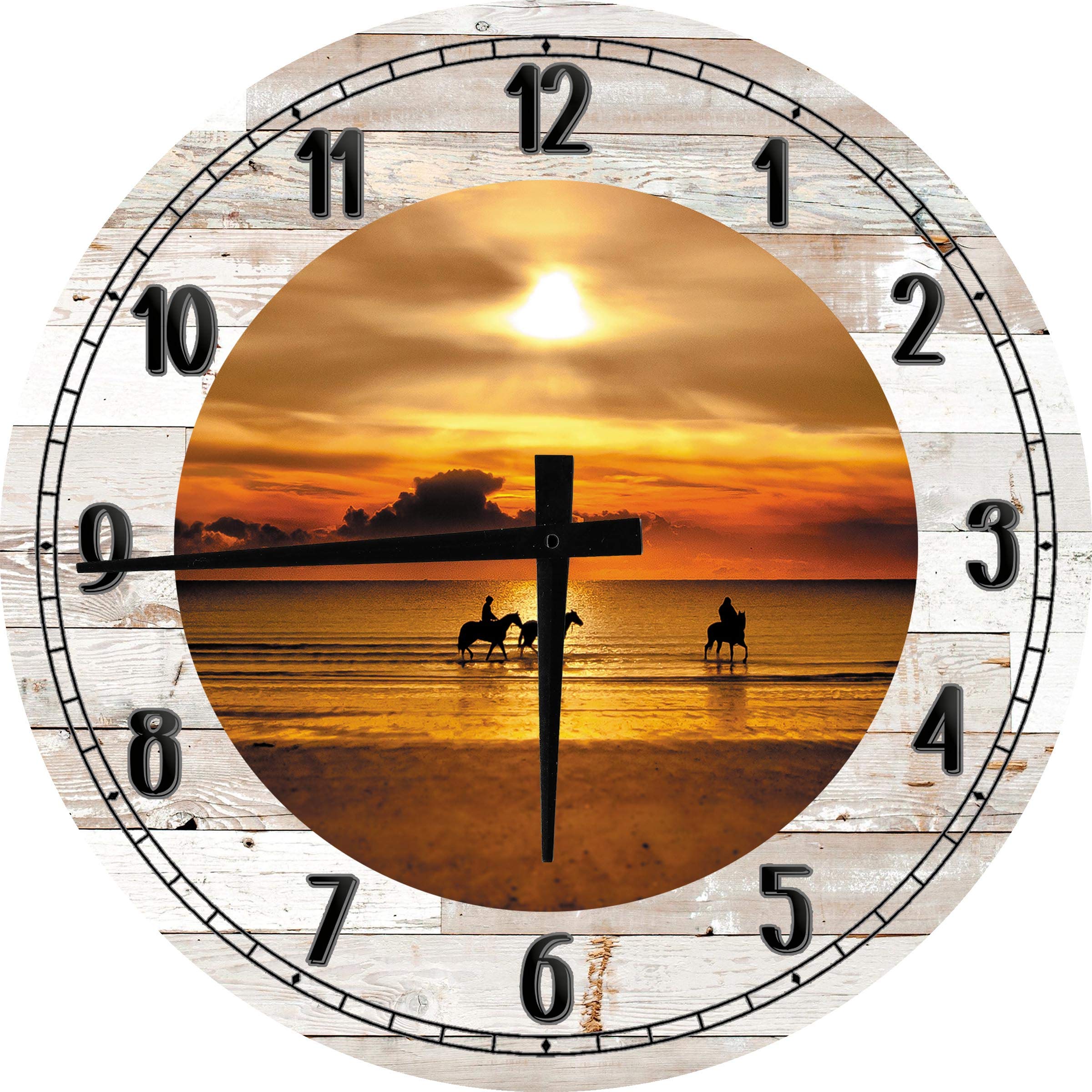 12 Inch White Round Wood Wall Clock - Horseback Riding Sunset Silhouette at Low Tide Beach - Elegant Horse Wall Art Decor for Living Room, Bedroom & Office
