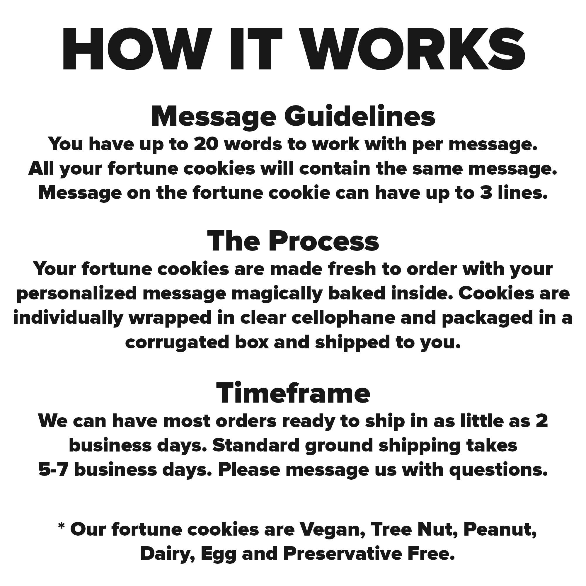 Vegan Fortune Cookies - 6 Pack Custom Messages | Personalized with Your Own Text | Individually Wrapped | Includes Takeout Box | Vegan & Cruelty-Free | Perfect for Parties, Weddings & Corporate Events