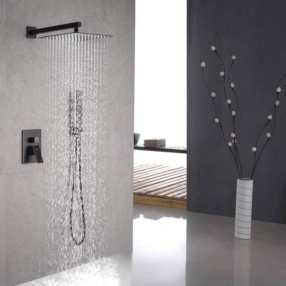 Oil Rubbed Bronze Shower System - 12 Inch Square Rainfall Shower Head & Handheld Spray - Wall Mounted Bathroom Faucet Set with Mixer Valve & Trim Kit (Valve Included) - Perfect for Modern & Luxury Bathroom Renovations