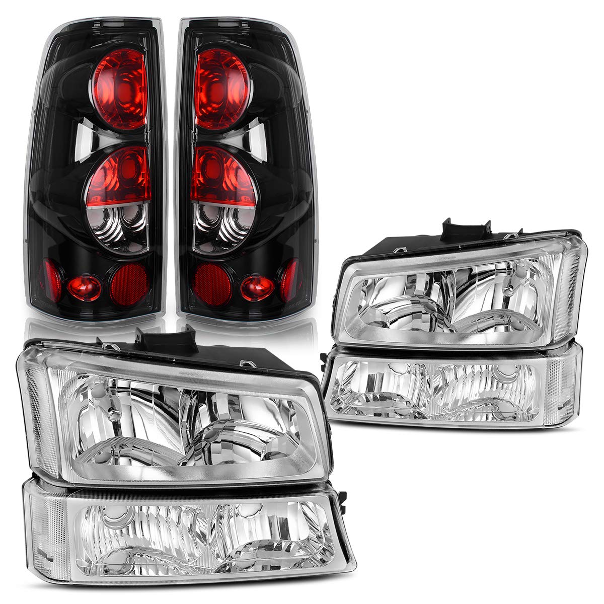 DWVO Replacement Headlights & Tail Lights Assembly for 2003-2006 Chevy Silverado 1500/2500HD/3500 - Chrome Housing with Clear Reflector - Perfect for Night Driving & Off-Road Adventures