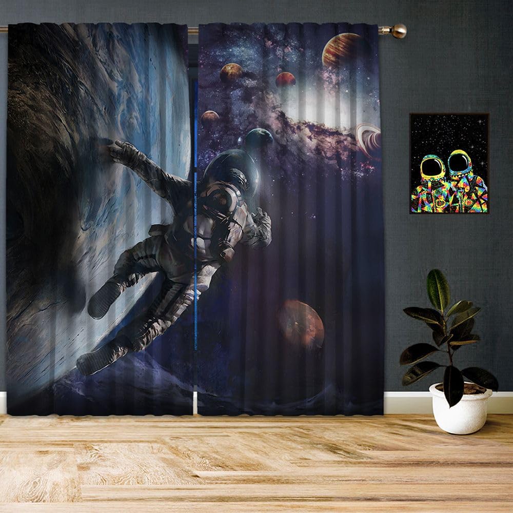 Galaxy Theme Blackout Curtains - Space Universe Stars Print Window Drapes for Kids Room & Playroom (Set of 2, 52