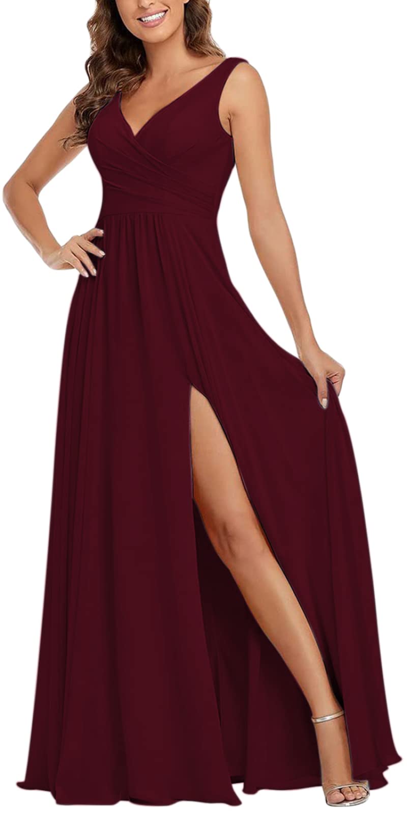 Elegant V-Neck A-Line Chiffon Bridesmaid Dress for Women - Long Formal Evening Gown with Slit for Weddings, Parties & Special Occasions