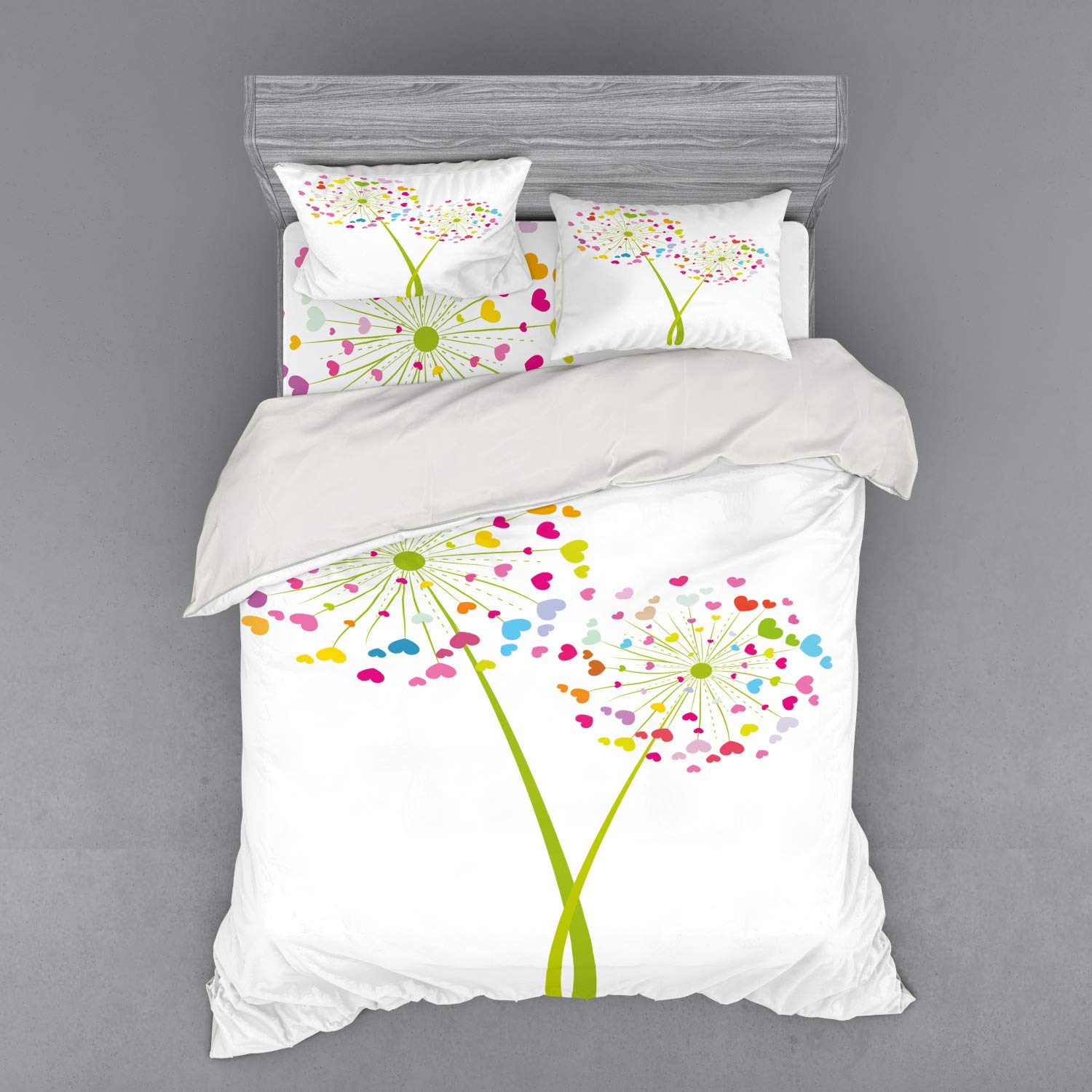Ambesonne Floral Duvet Cover Set - Queen Size 4-Piece Bedding with Shams & Fitted Sheet | Romantic Spring Dandelion Heart-Shaped Petals Design | Perfect for Valentine's Day, Master Bedroom Decor & Boho Chic Home Styling
