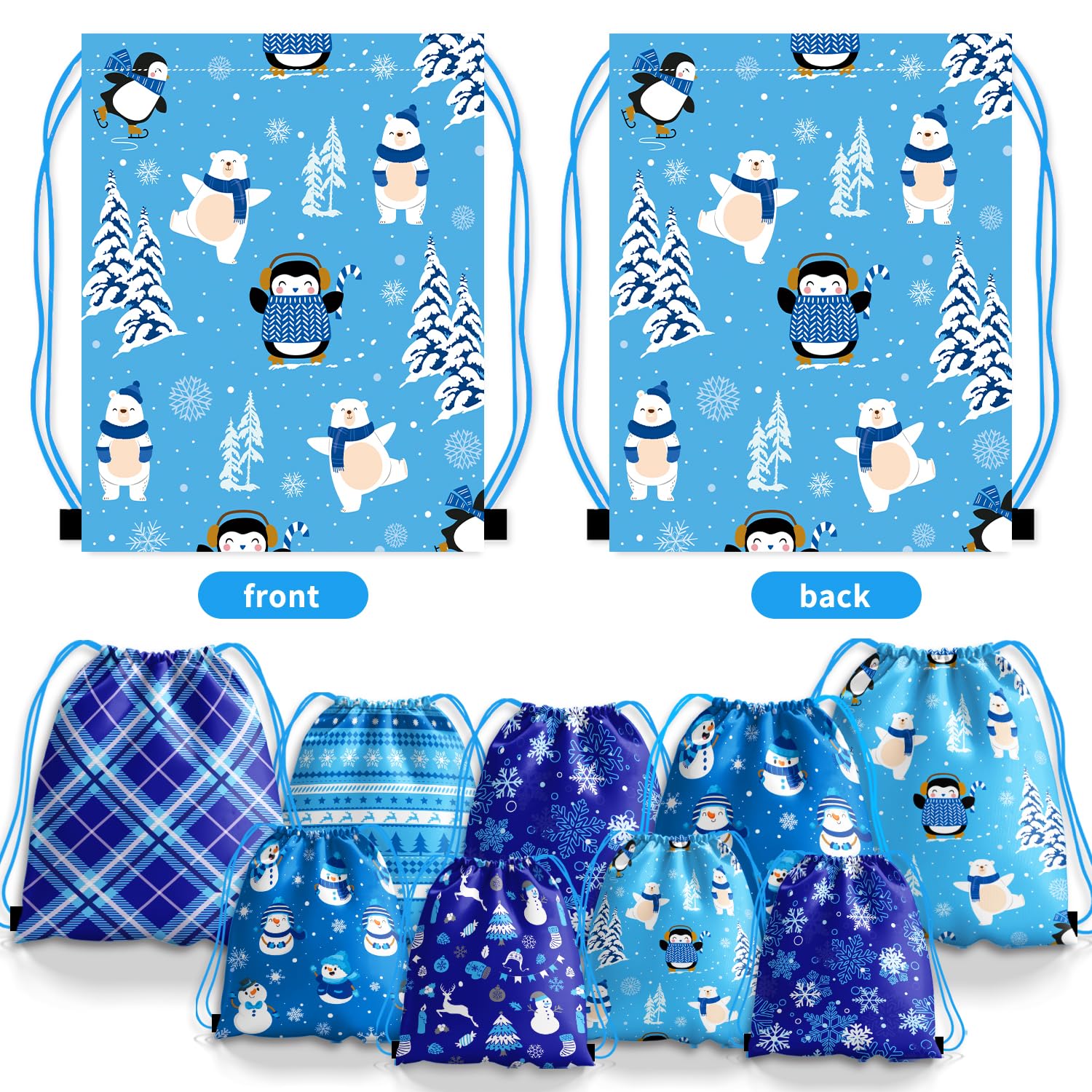 12-Piece Christmas Drawstring Gift Bags Set - Festive Snowflake & Snowman Design for Holiday Party Favors, Stocking Stuffers & Gift Wrapping - Perfect for Christmas Celebrations, Office Exchanges & Classroom Treats