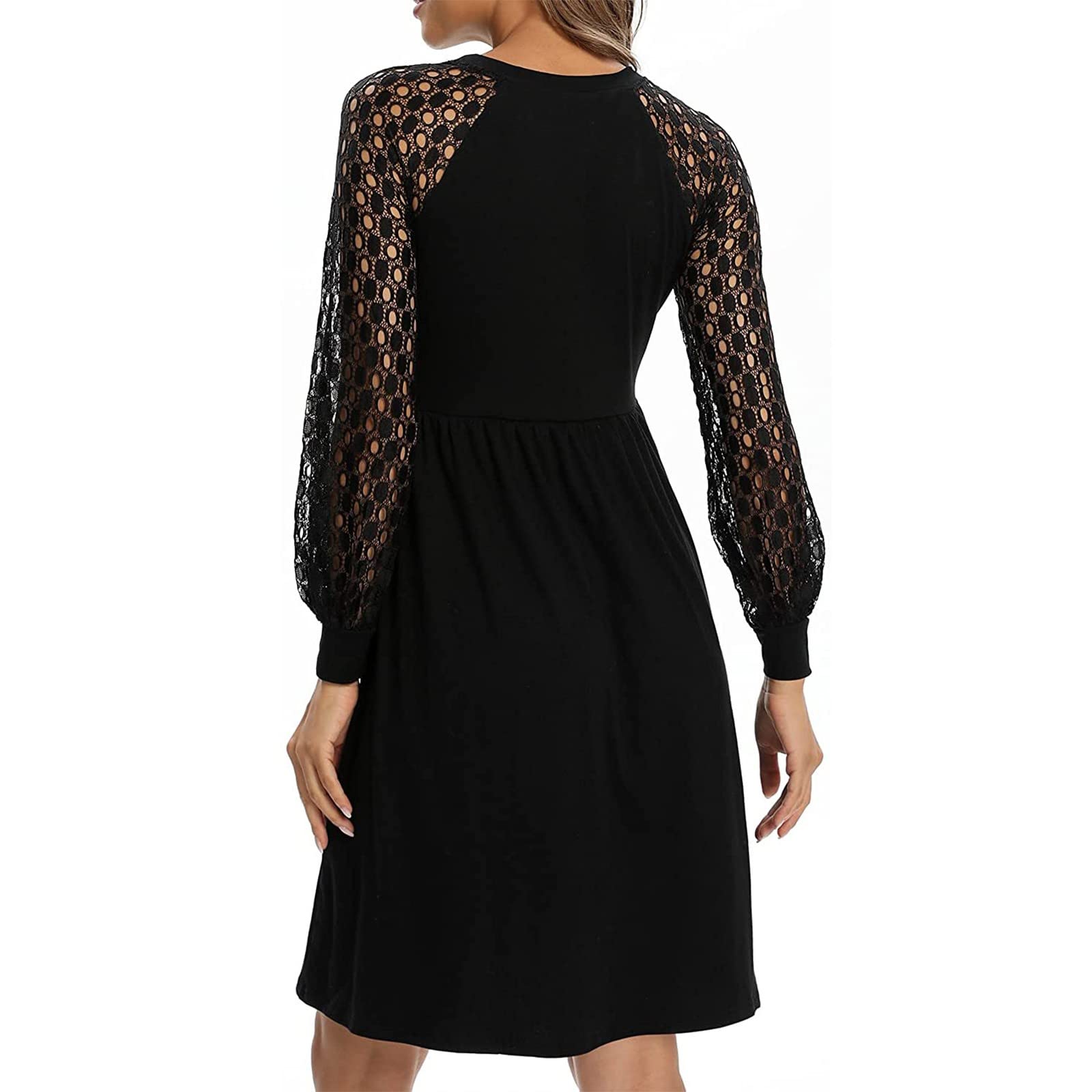 Eaktool Women's Sexy Lace Stitching Party Dress - Elegant Round Neck Long Sleeve Casual Fashion Dress for Evening Events, Date Night & Special Occasions