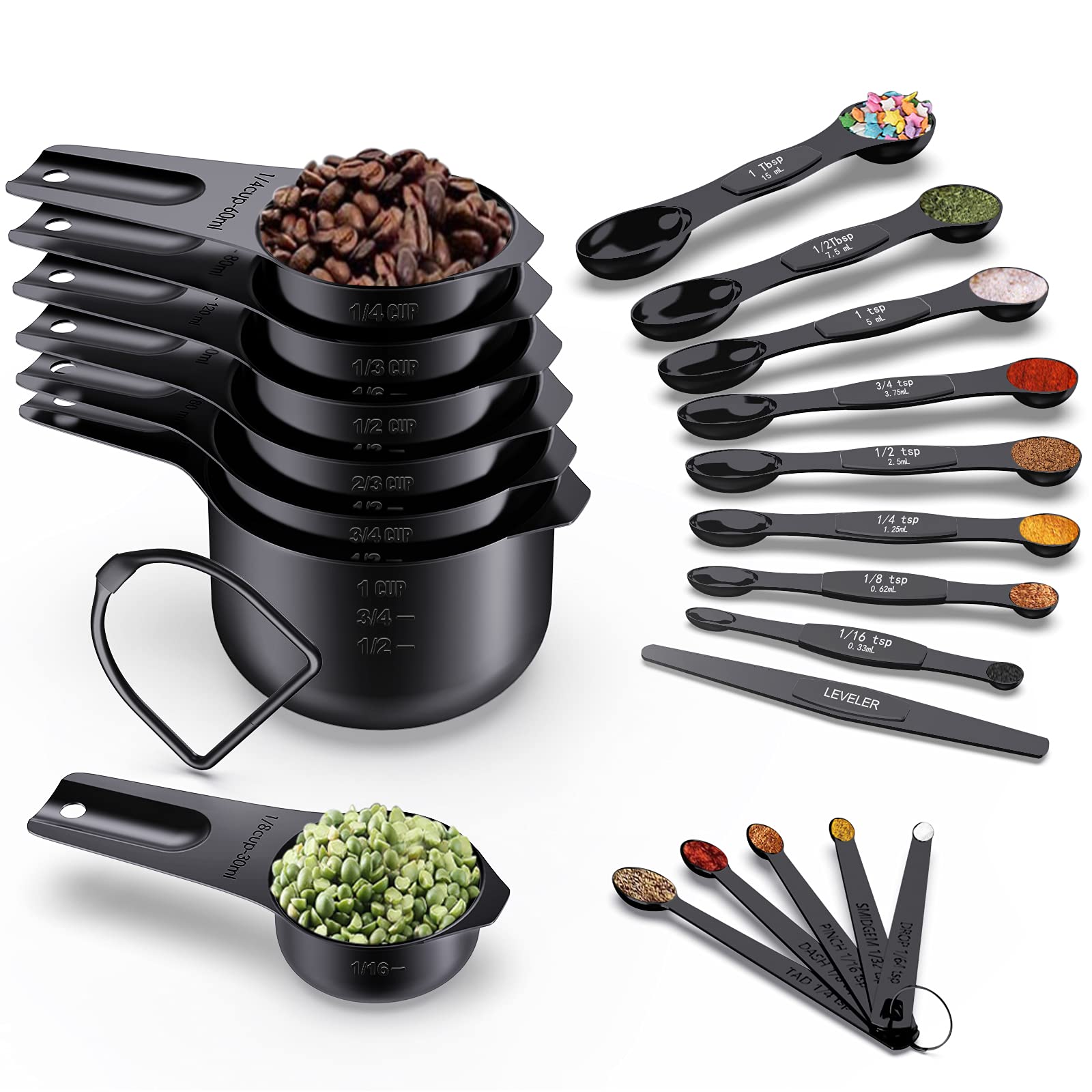 Wildone 21-Piece Black Measuring Cups and Spoons Set - 7 Stainless Steel Measuring Cups, 8 Double-Sided Measuring Spoons, 1 Leveler & 5 Mini Spoons for Baking, Cooking, and Meal Prep | Perfect for Home Chefs and Bakers