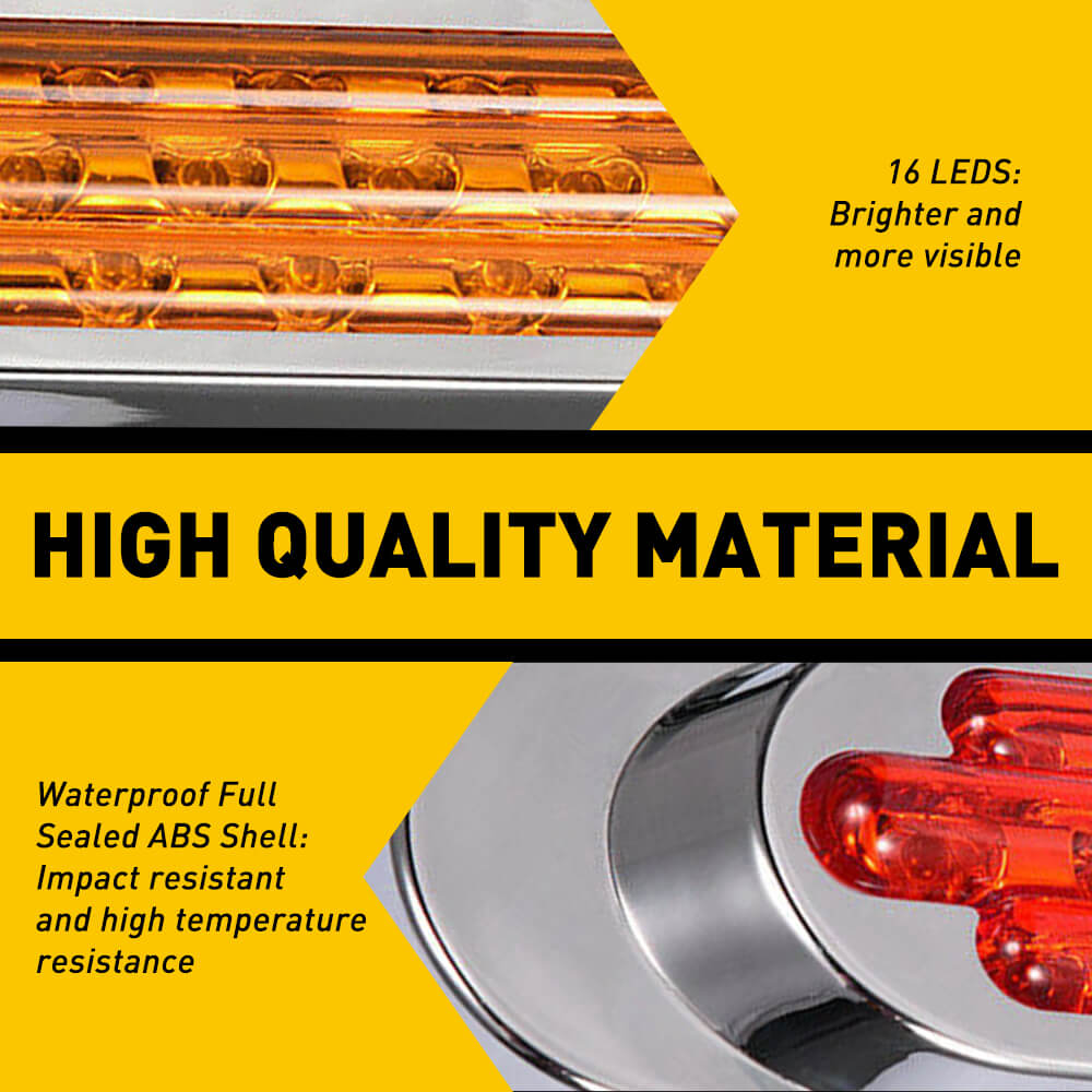 2PCS 16-LED Oval Side Marker Lights with Chrome Bezel - 12V Waterproof Clearance Lights for Heavy Duty Trucks & Semi Trailers - Ideal for Night Driving & Road Safety