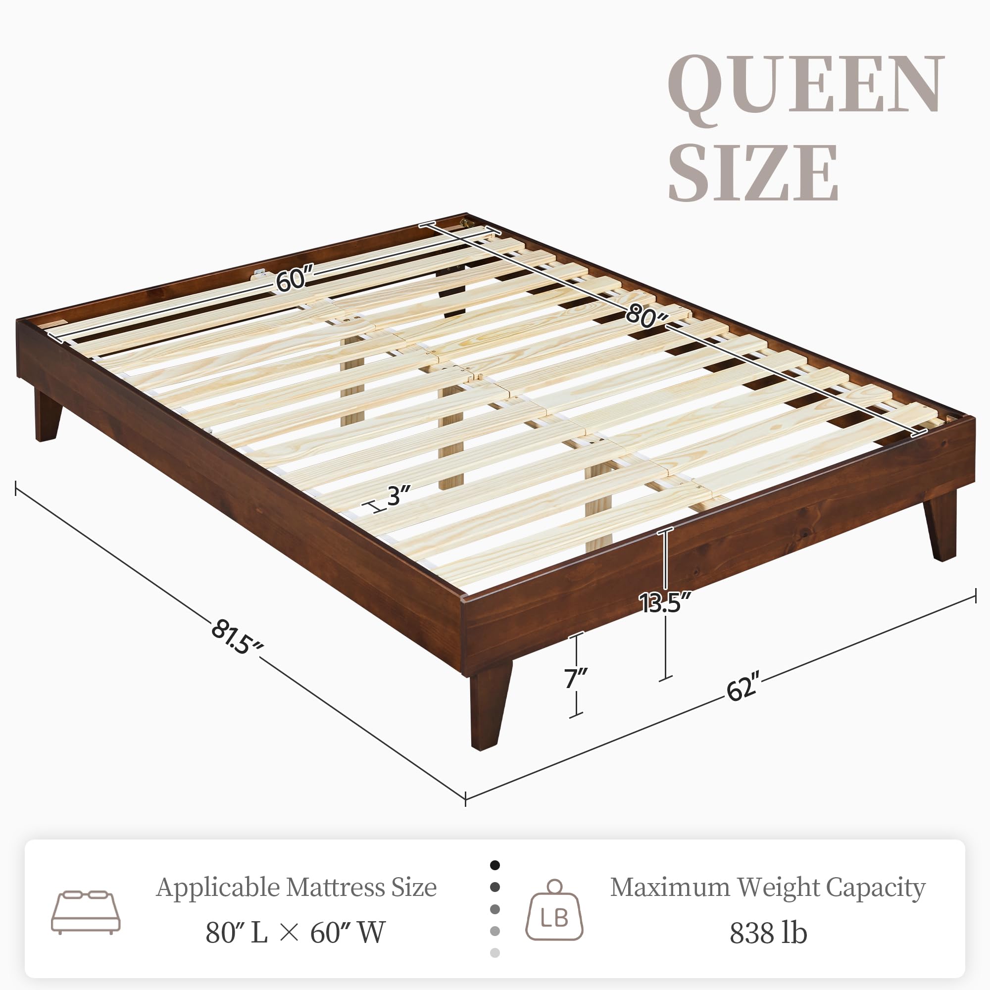 Yaheetech Queen Size Solid Pine Wood Platform Bed Frame with Wooden Slats - Headboard Compatible, 7.5