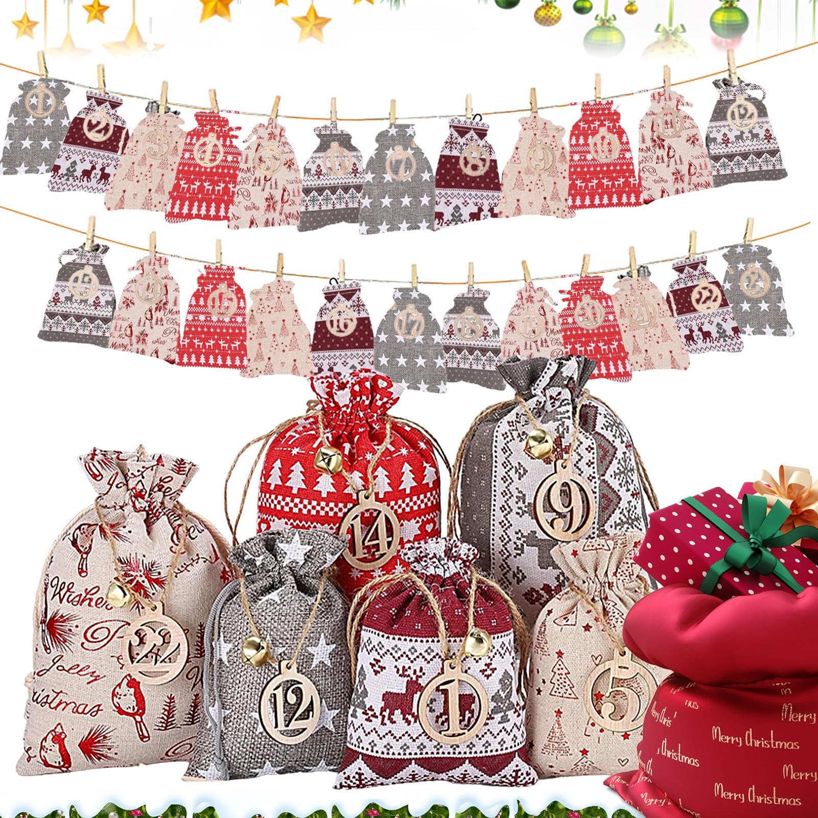 24-Piece DIY Jute Fabric Advent Calendar Bags Set with Clip & Rope - Fillable Christmas Countdown Bags for Holiday Decorations, Gift Wrapping, and Festive Party Favors
