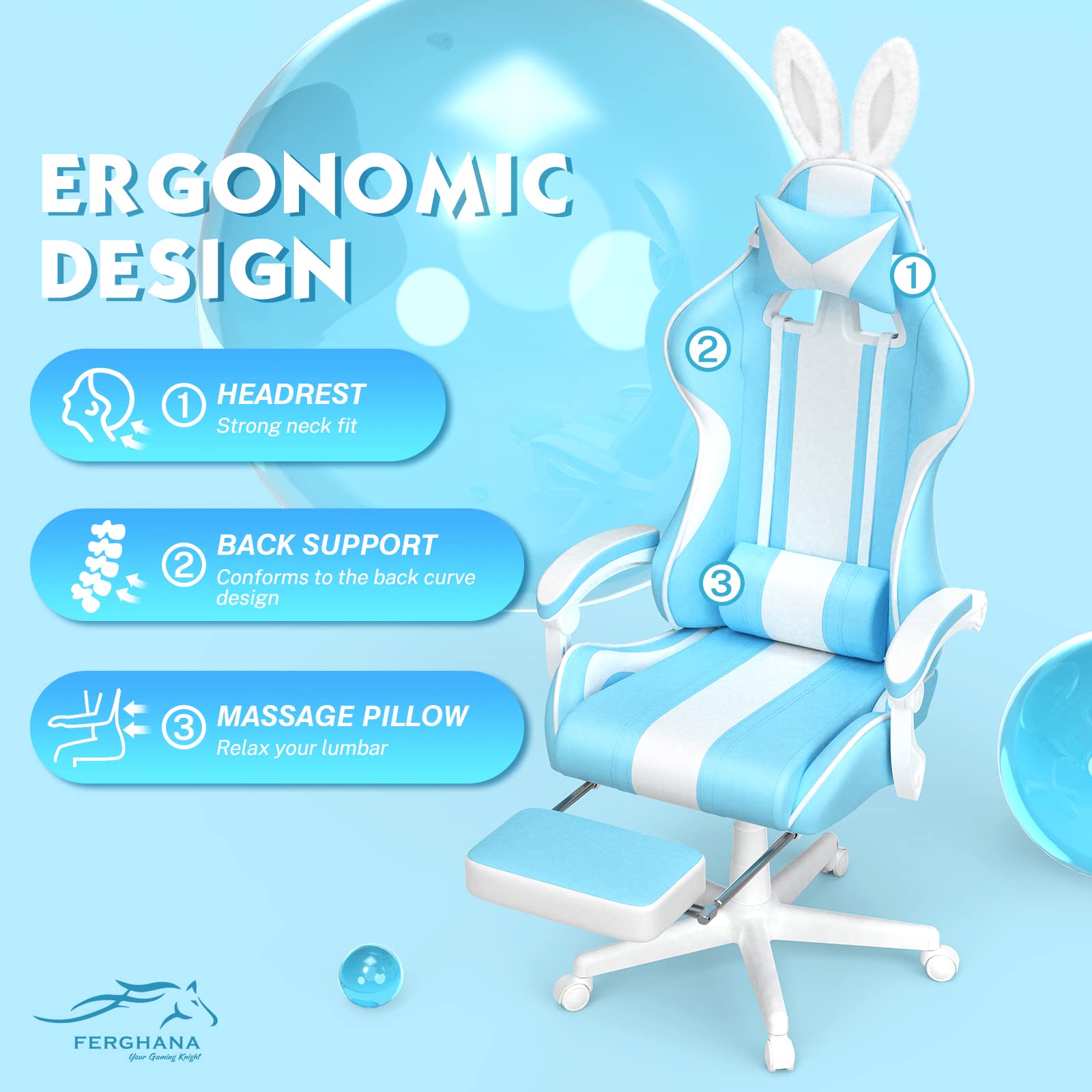 Ferghana Blue Gaming Chair with Bunny Ears - Ergonomic Massage Office & PC Gaming Chair with Footrest for Adults & Teens - Cute Kawaii Computer Game Chair for Girls - Racing Reclining Gamer Chair for Streaming, Esports & Home Office