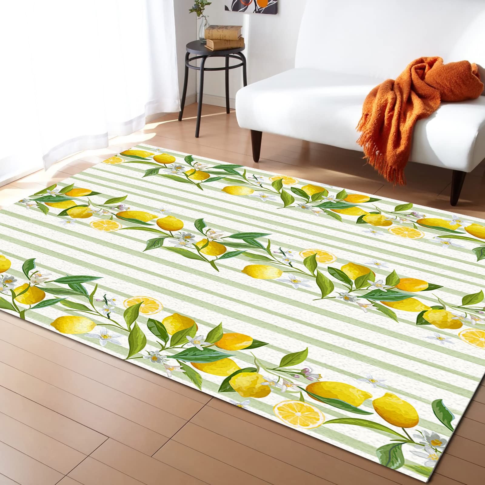 Soft Non-Slip Indoor Area Rug - Hello Sunshine Lemon Summer Fruit Tropical Lemonade Green Stripes Durable Low Profile Floor Carpet for Living Room, Bedroom, Kitchen | Perfect for Home Decor, Cozy Comfort & High-Traffic Areas