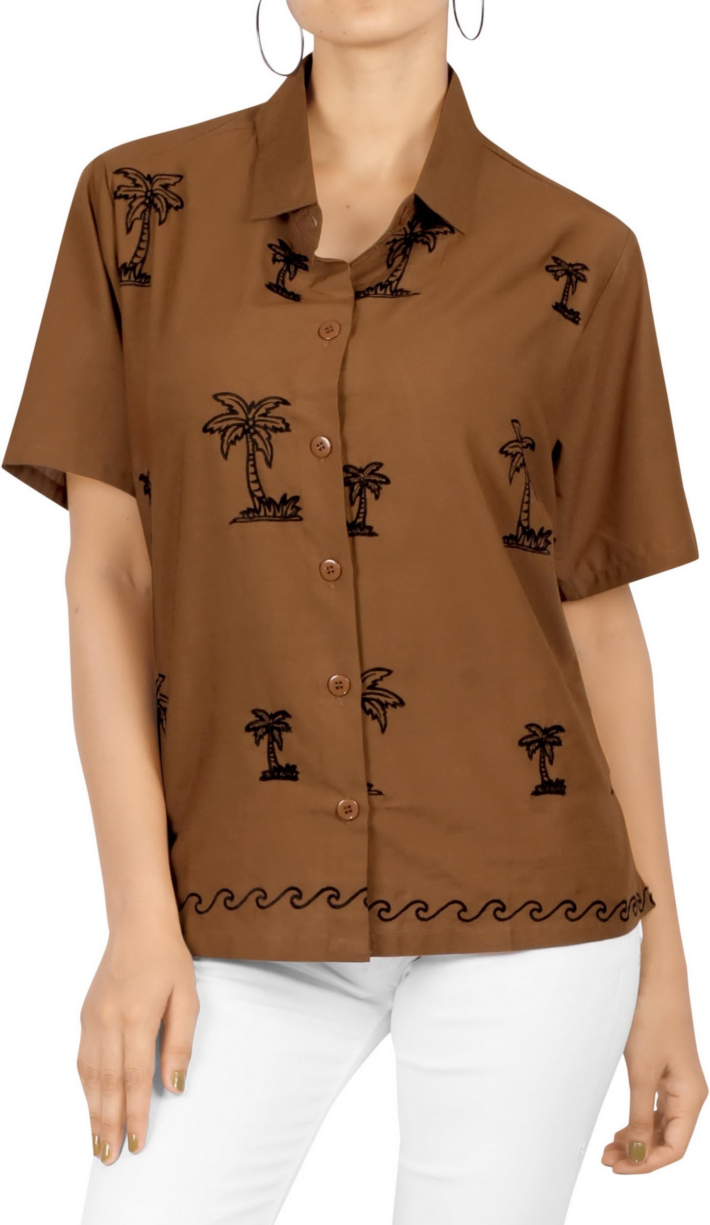 LA LEELA Women's Short Sleeve Hawaiian Blouse - Floral Print Vacation Shirt for Beach, Summer & Casual Outfits