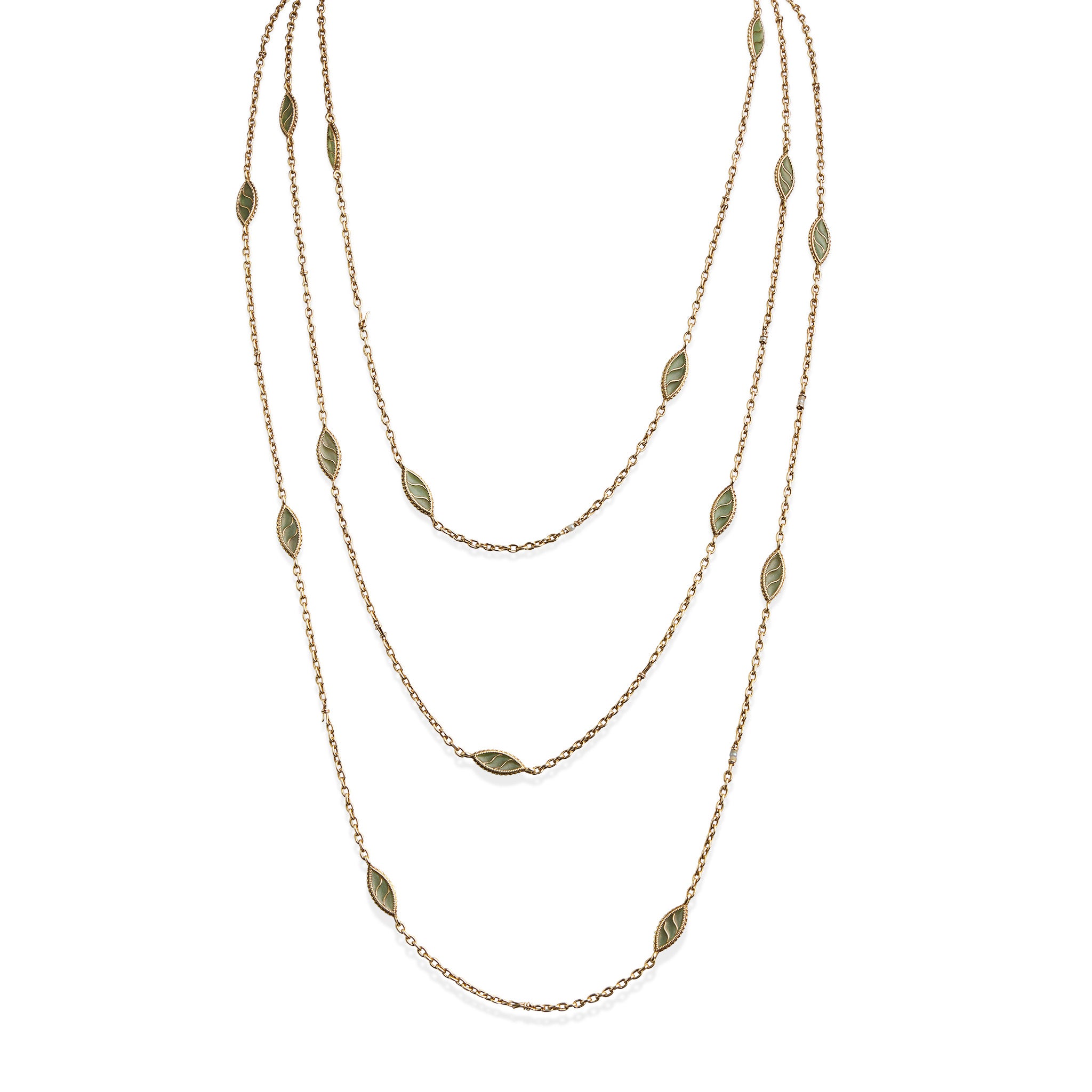 Exquisite French Art Nouveau 18K Gold Plique-à-Jour Enamel Long Chain Necklace - Vintage Jewelry for Women, Bridal Gift & Special Occasions