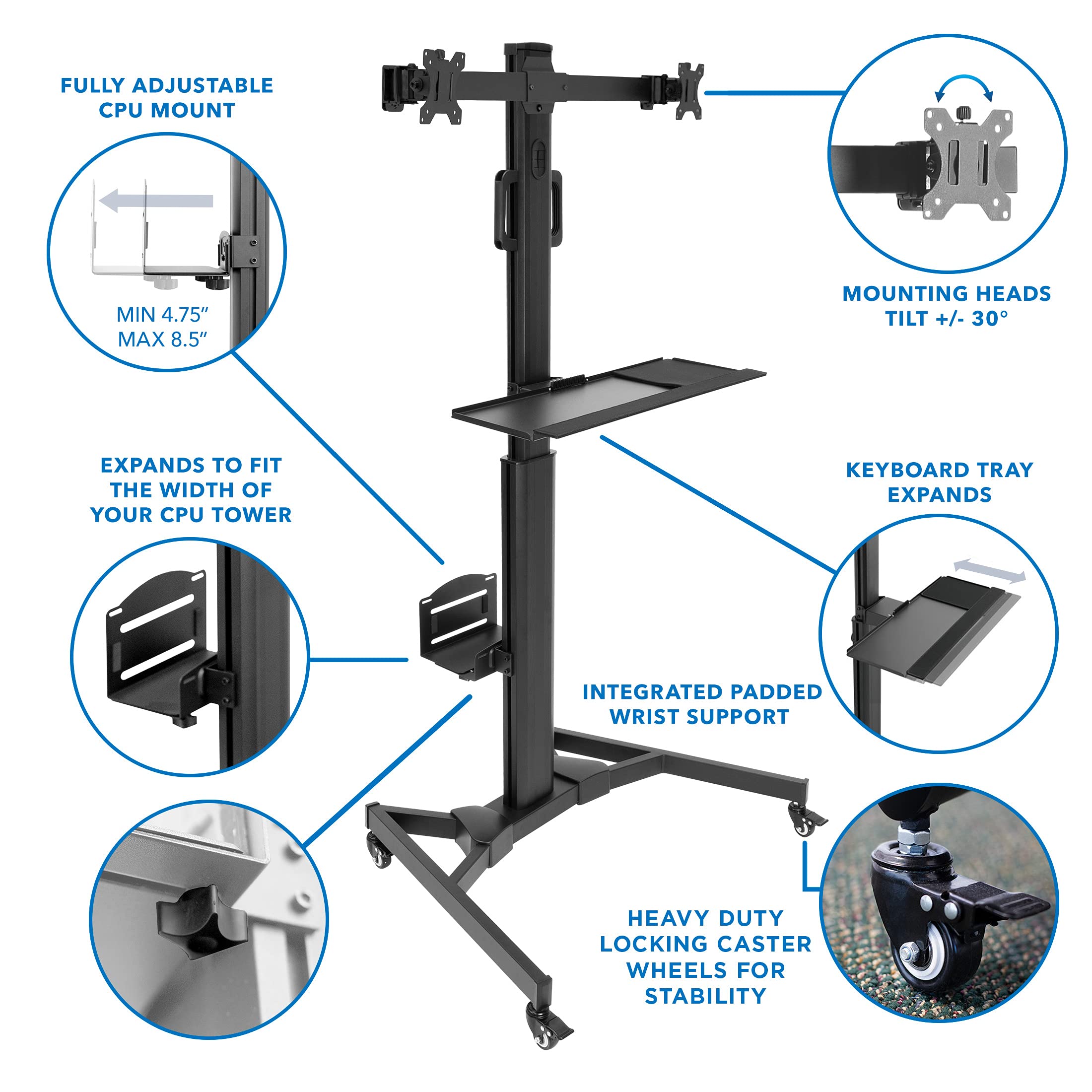 Adjustable Rolling Computer Cart with Dual Monitor Stand for 32