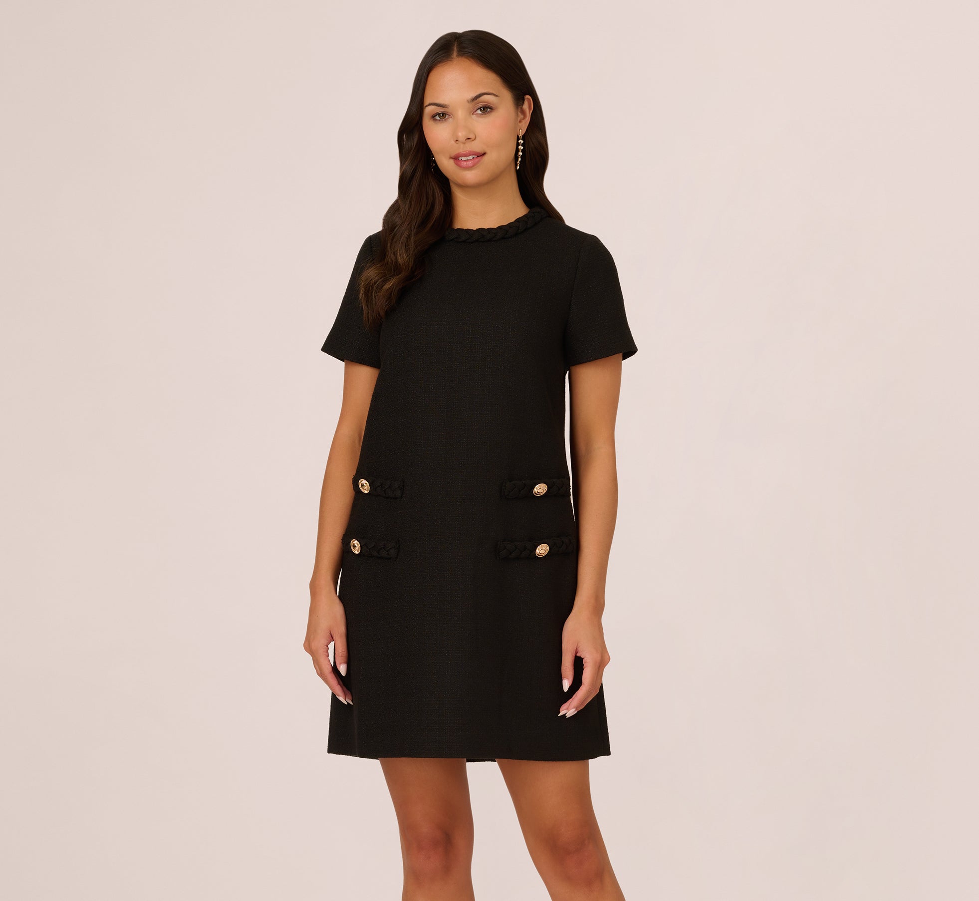 Elegant Black Tweed Sheath Dress with Short Sleeves - Perfect for Office Wear, Cocktail Parties & Formal Events