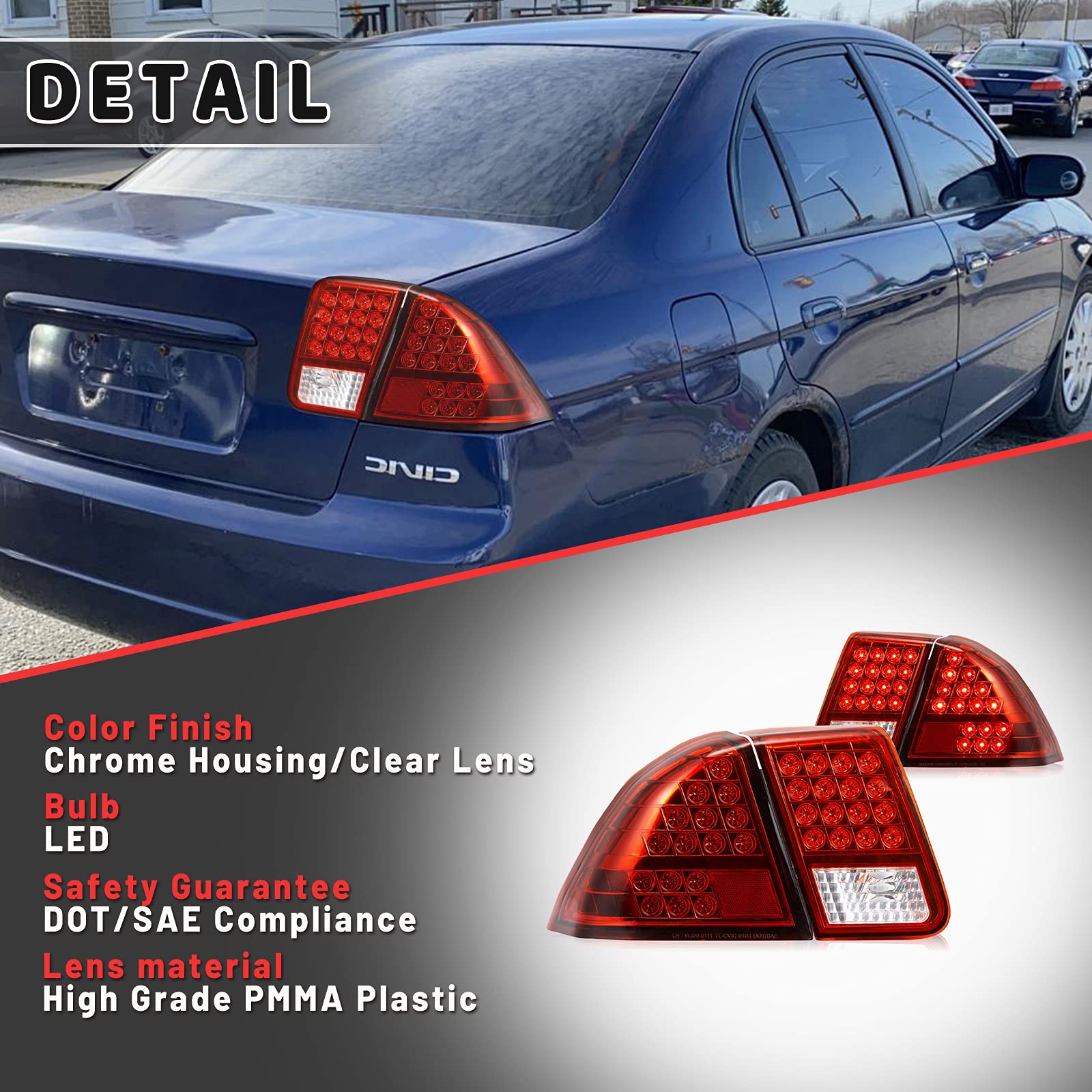 AUTOWIKI LED Tail Lights for 2001-2005 Honda Civic 4-Door Sedan - Red Rear Lamp Assembly (1 Pair) - Perfect for Night Driving & Car Upgrades