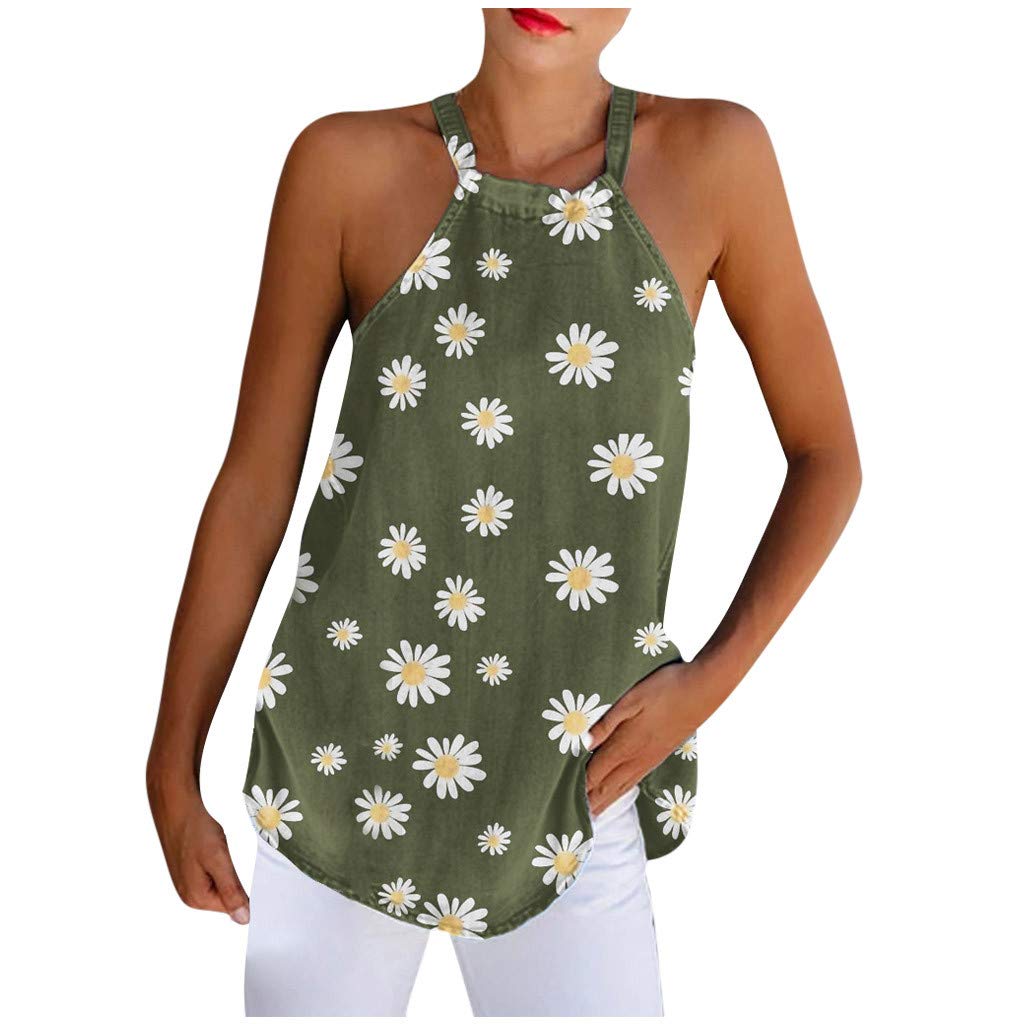 Women's Daisy Print Sleeveless Halter Neck Casual Cotton Blouse - Red Summer Tops for Women | Beachwear, Party Outfit, Vacation Fashion