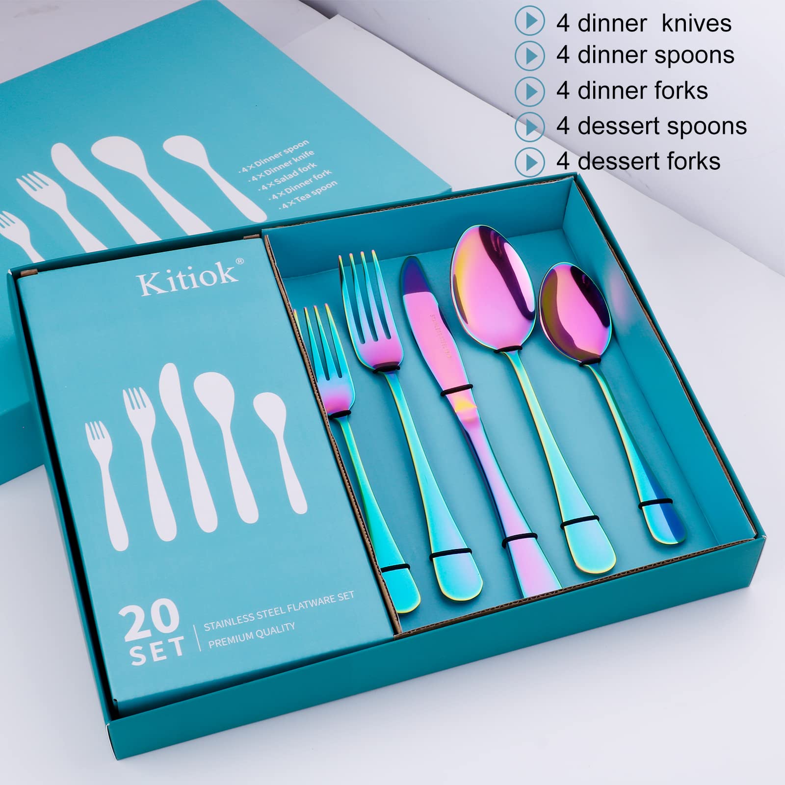 Kitiok 20-Piece Stainless Steel Flatware Set for 4 - Rainbow Silverware Cutlery Set with Knives, Forks & Spoons - Mirror Polished, Dishwasher Safe - Perfect for Dinner Parties, Restaurants & Everyday Dining