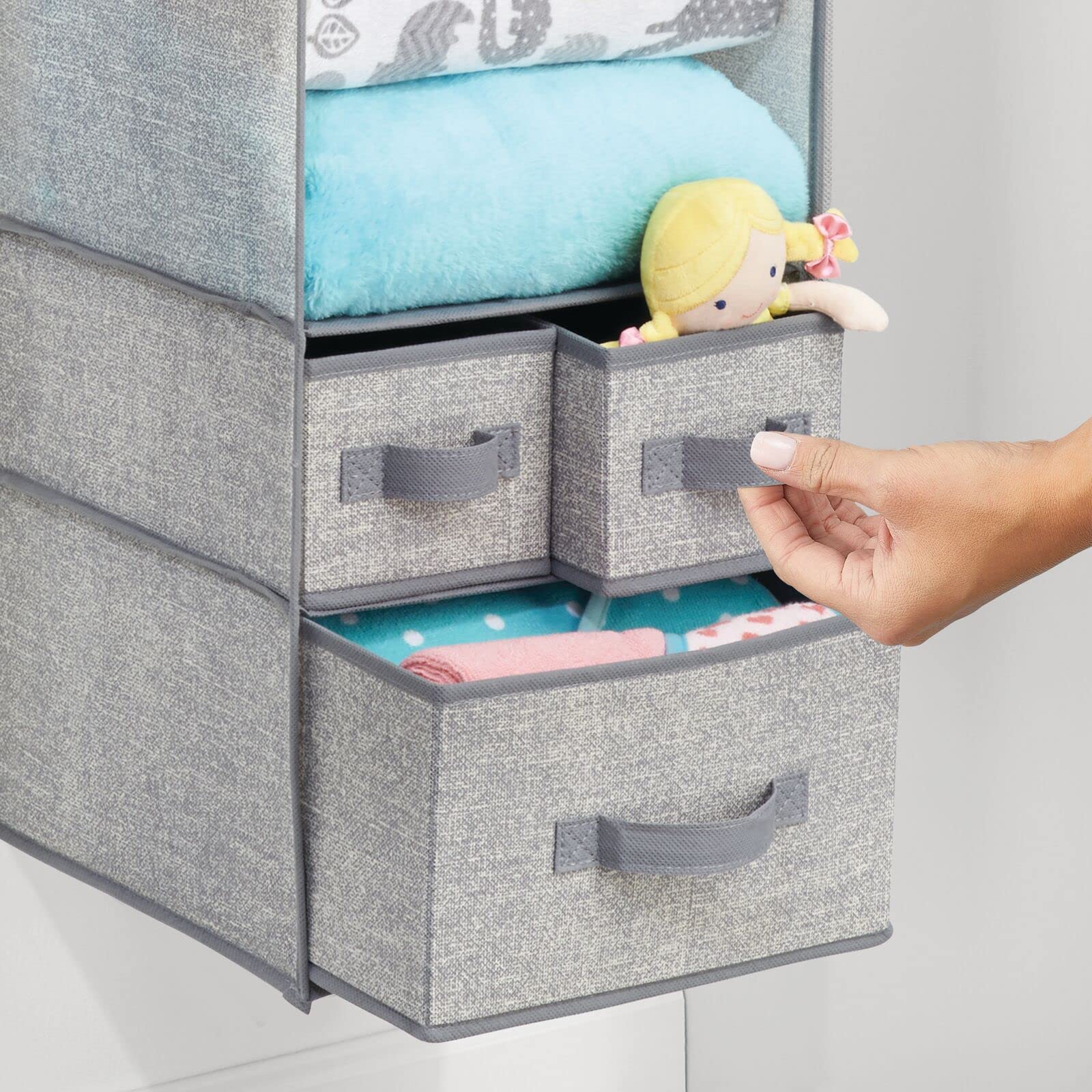 Fabric Hanging Organizer with 7 Shelves & 3 Drawers - Gray 2 Pack for Closet & Nursery Storage