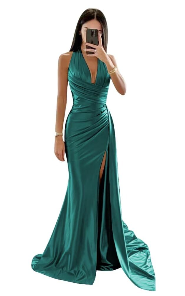 Elegant Mermaid Satin Bridesmaid Dresses - Long Ruched Corset Formal Evening Gown with High Slit for Weddings, Prom & Special Occasions