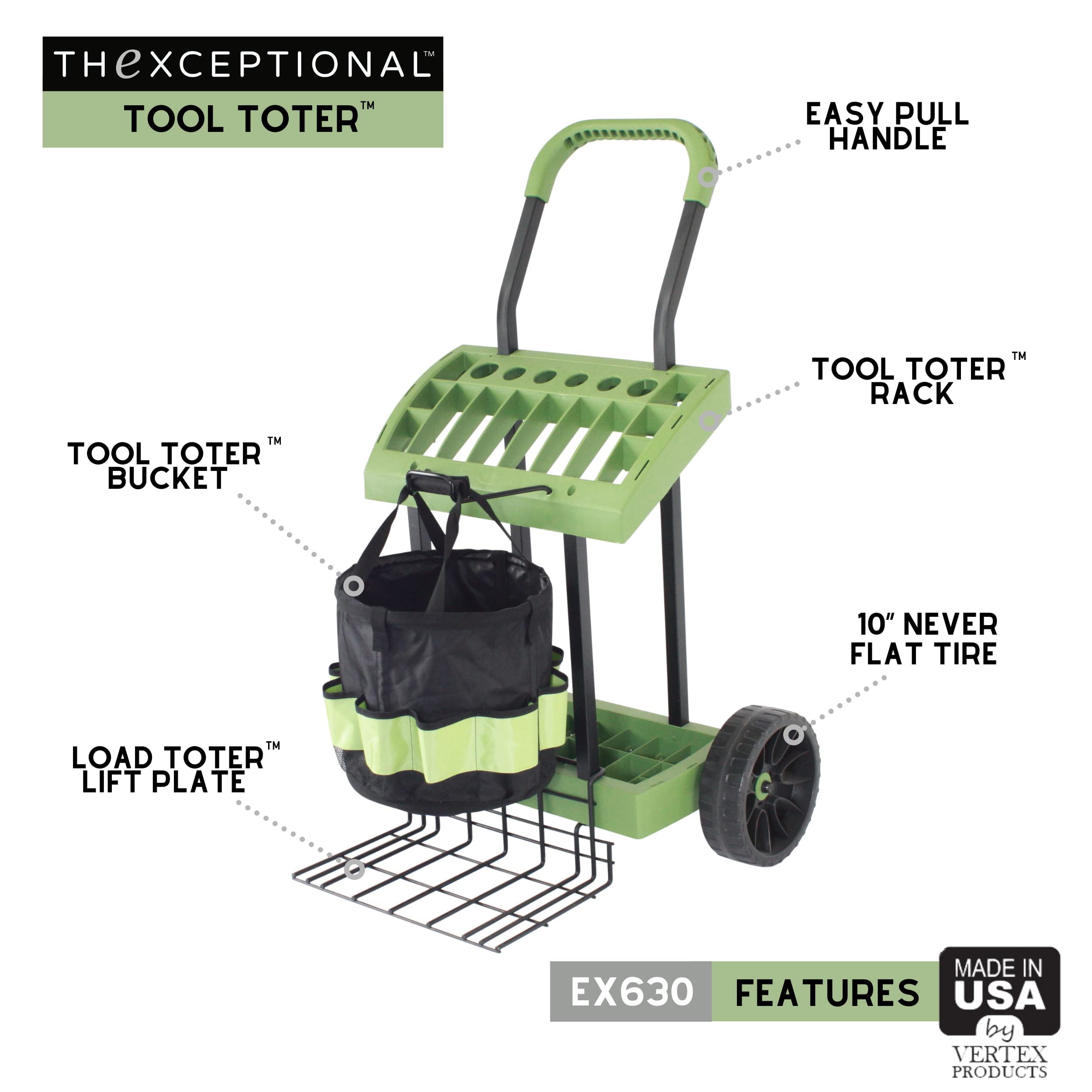 Vertex EX630 Rolling Tool Cart with Load Toter Lift Plate - Heavy Duty Garden Utility Wagon for Rakes, Shovels & Hoes - Mobile Storage & Organization Solution for Gardeners, Landscapers & DIYers - Perfect for Yard Work, Farm Use & Outdoor Projects - Made in USA