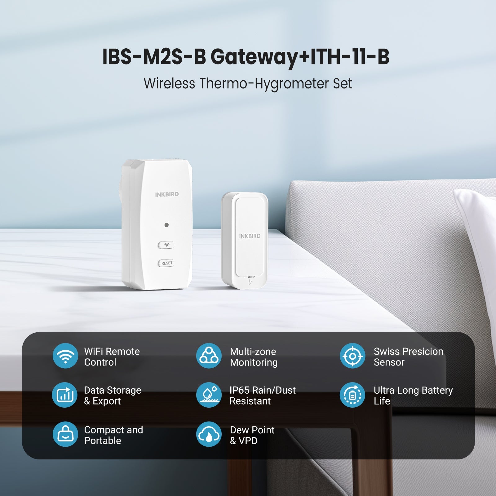 3-Pack Bluetooth Hygrometer Thermometer with WiFi Gateway - ITH 11 B & IBS M2S B - Monitor Temperature & Humidity for Home, Greenhouse, and Wine Cellar