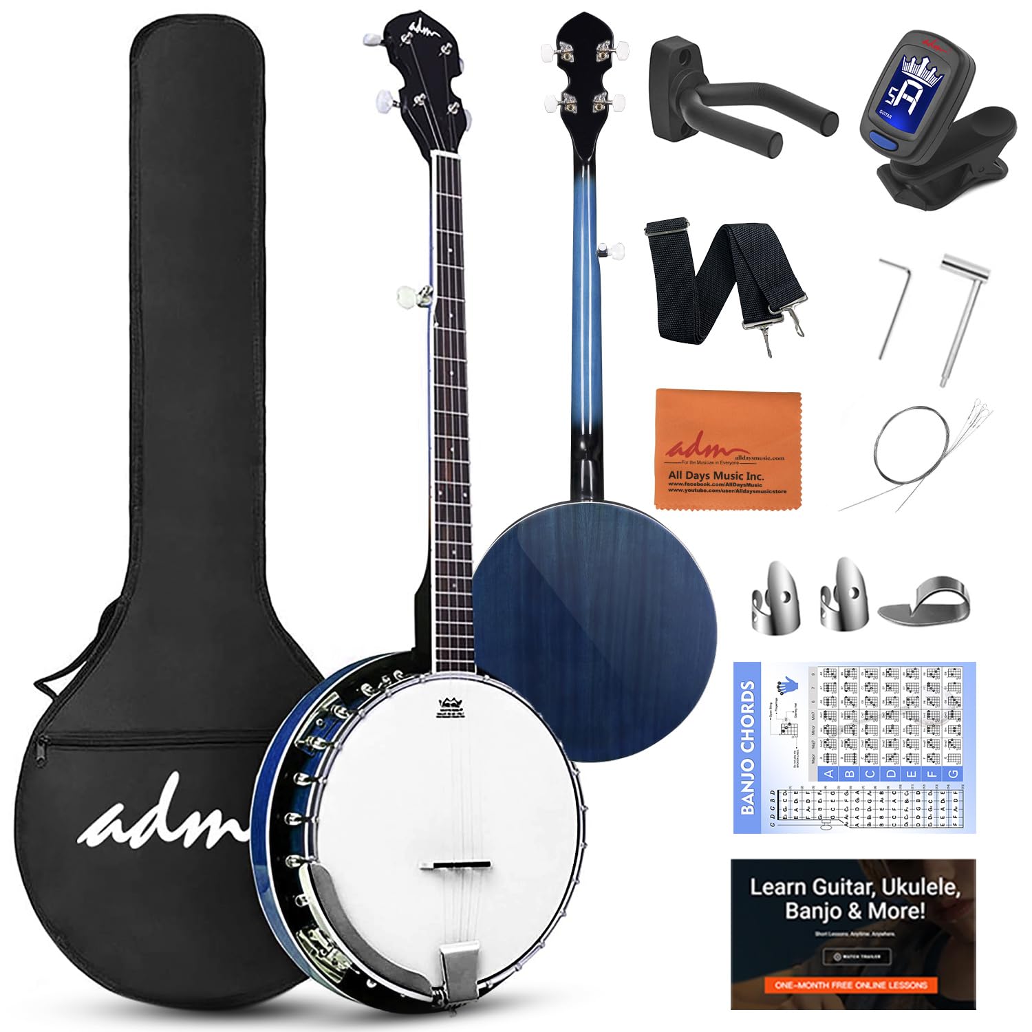 ADM 5 String Full Size Banjo Kit - 38 Inch Beginner Banjo with Resonator, Remo Drum Head & Free Accessories (Open/Closed Back) - Perfect for Adults & Teens Learning Bluegrass, Folk & Country Music - Blueburst Finish