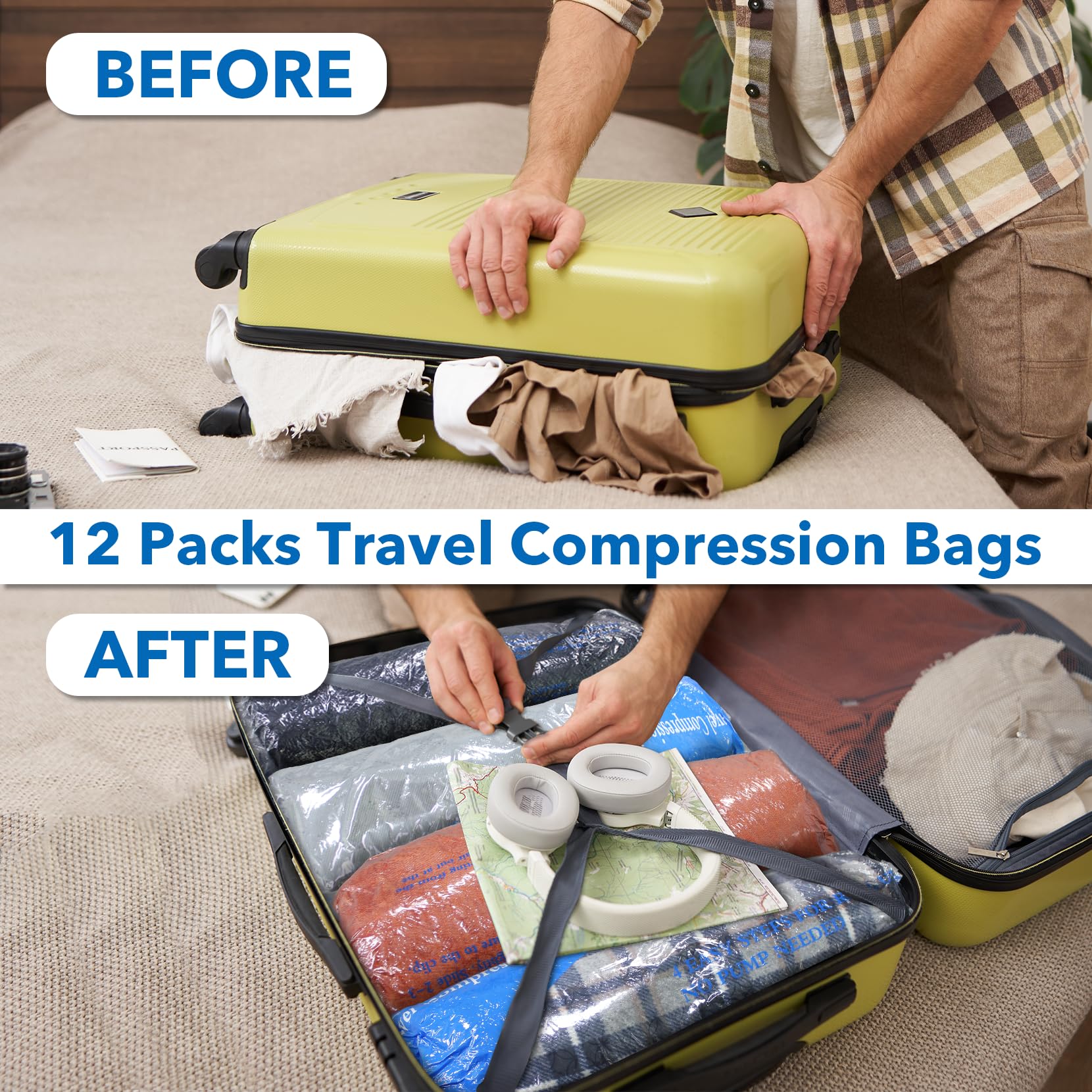 12 Pack Vacuum Compression Bags for Travel - Space Saving Storage Bags for Luggage, Clothes & Home Organization | Waterproof & Reusable | Perfect for Travel, Moving & Seasonal Storage | MEIQIHOME