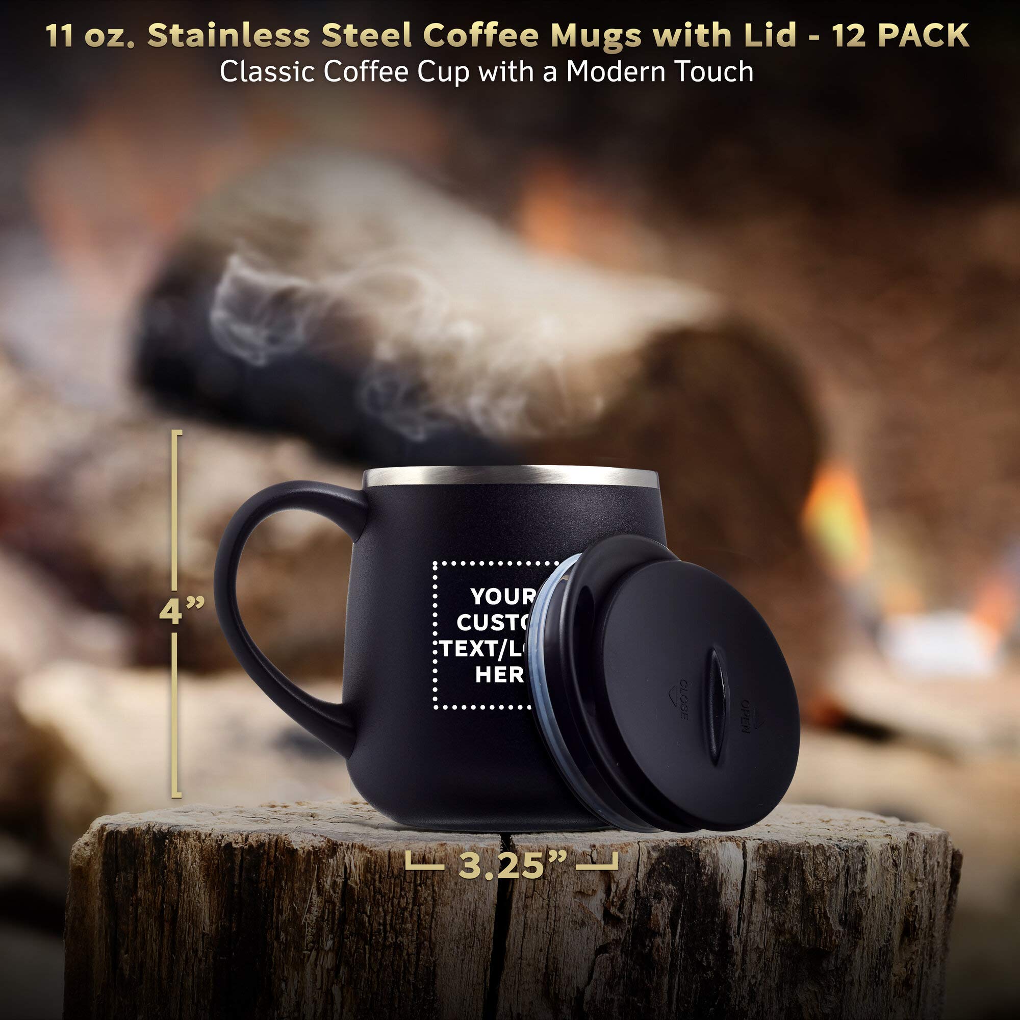 Custom 11 oz. Stainless Steel Coffee Mugs with Lid - 12 Pack Personalized Text/Logo - Black - Perfect for Office Gifts, Corporate Events & Brand Promotions